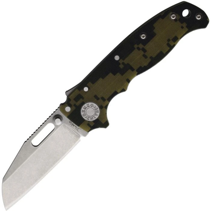 The Demko AD20.5 Shark Lock shown with its 3-inch CPM-S35VN stonewashed Wharncliffe blade, Digital Camo G-10 handle, Shark-Lock fin, thumb stud and thumb hole openers, and tip-up pocket clip.