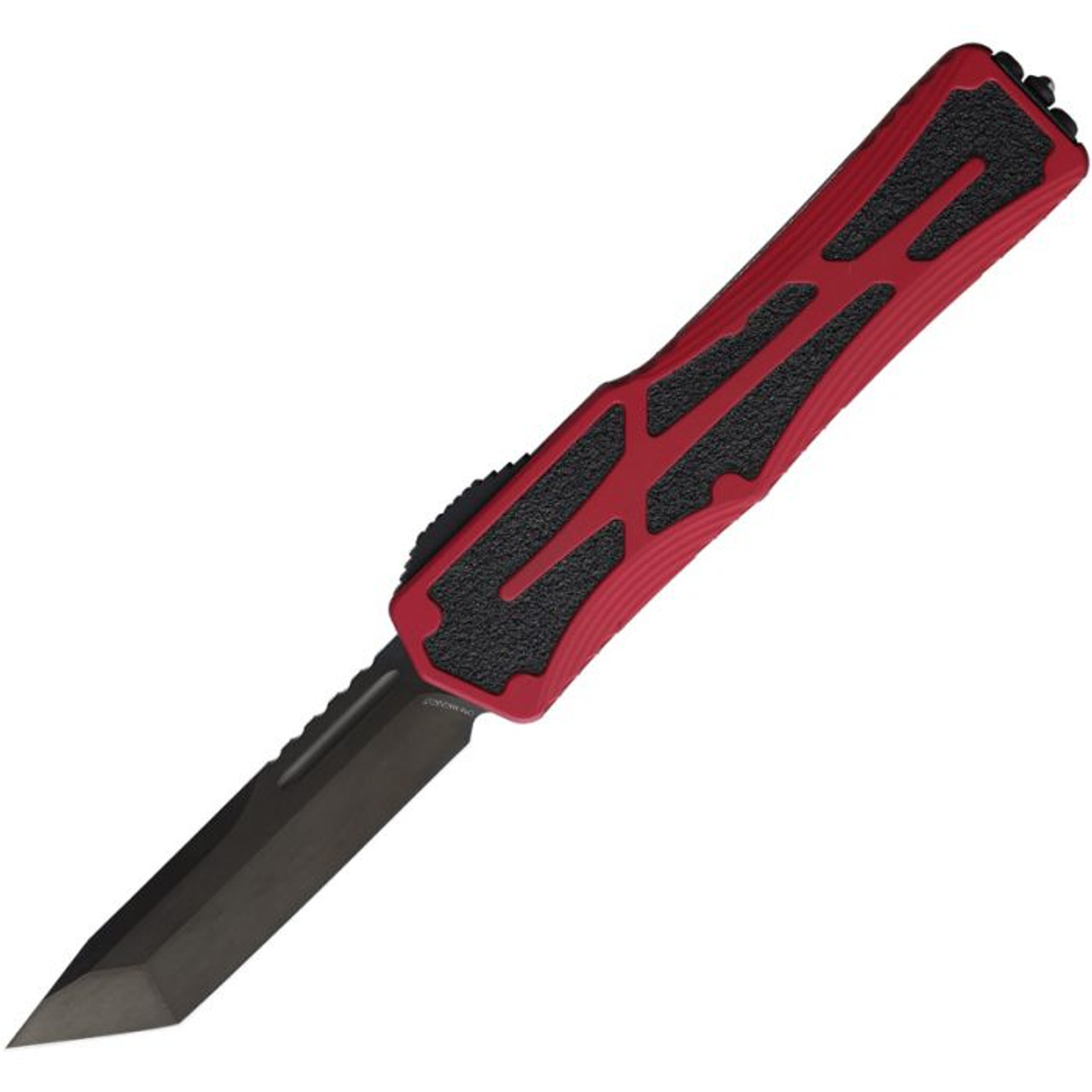 Heretic Colossus TE (H0406ARED) - 3.50" Black DLC CPM-MagnaCut Tanto Plain Edge, Red Aluminum Handle w/Black Grip Inlays