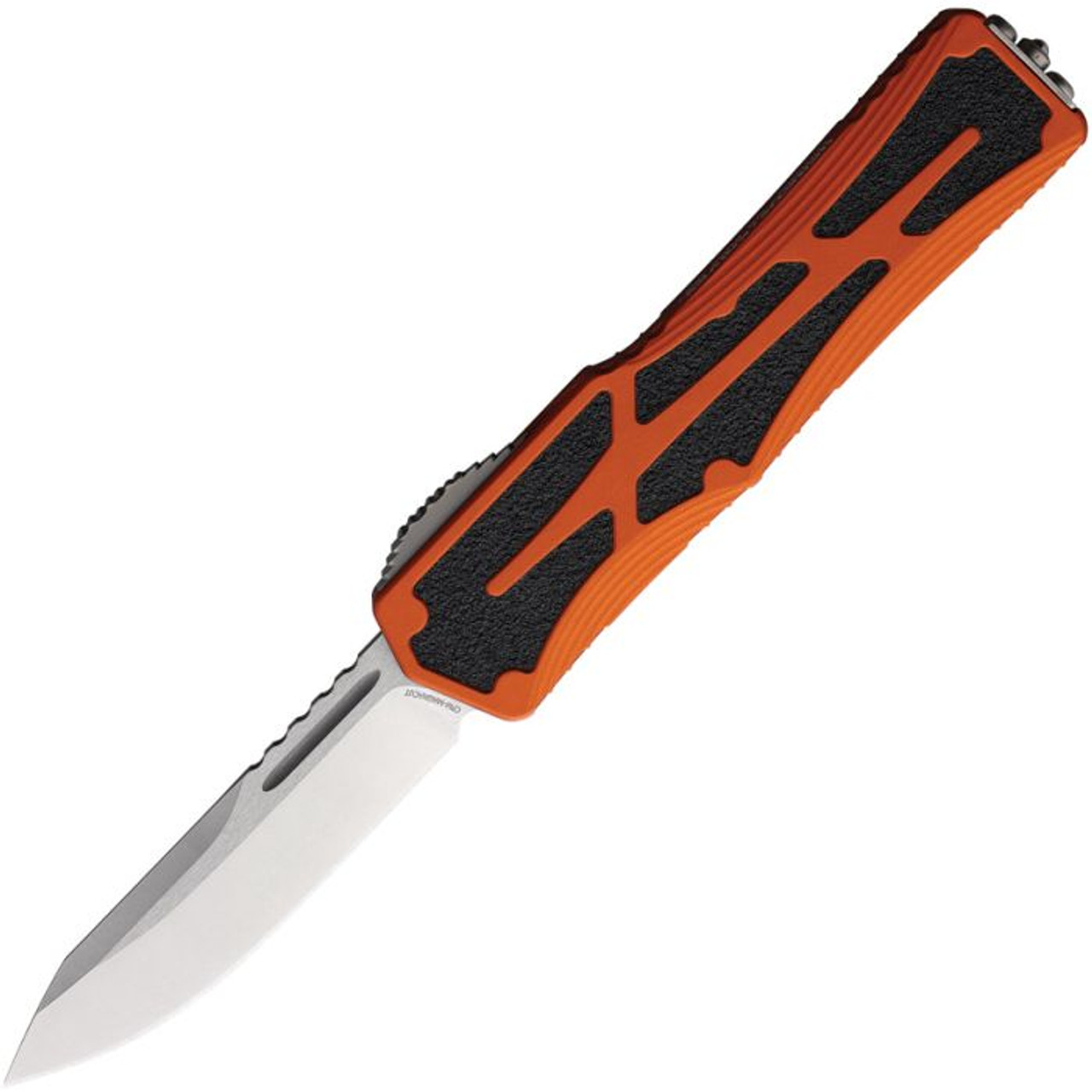 Heretic Colossus OTF (H0392AORG) - 3.50" Stonewash CPM-MagnaCut Drop Point Plain Edge, Orange Aluminum Handle w/Black Grip Inlays