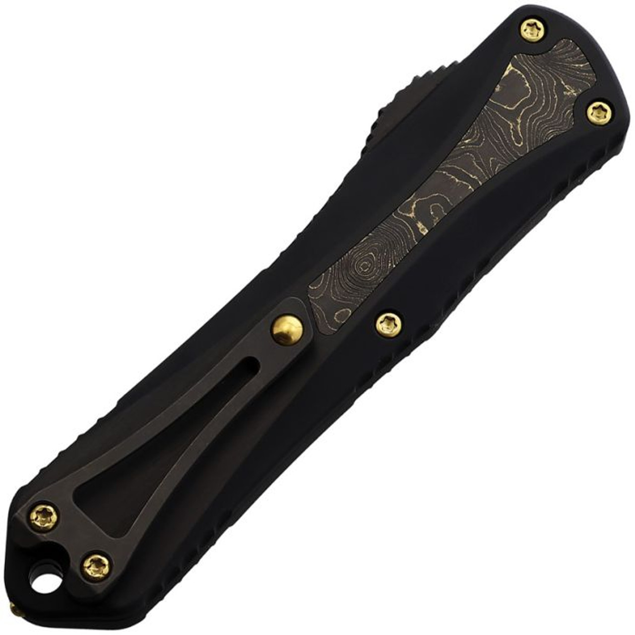 Heretic Knives Manticore E OTF Automatic (H0286AFCTIN) - 3.125" Black Magnacut Double Edge Dagger Plain Edge Blade, Black Aluminum with Gold Fat Carbon Fiber Inlay