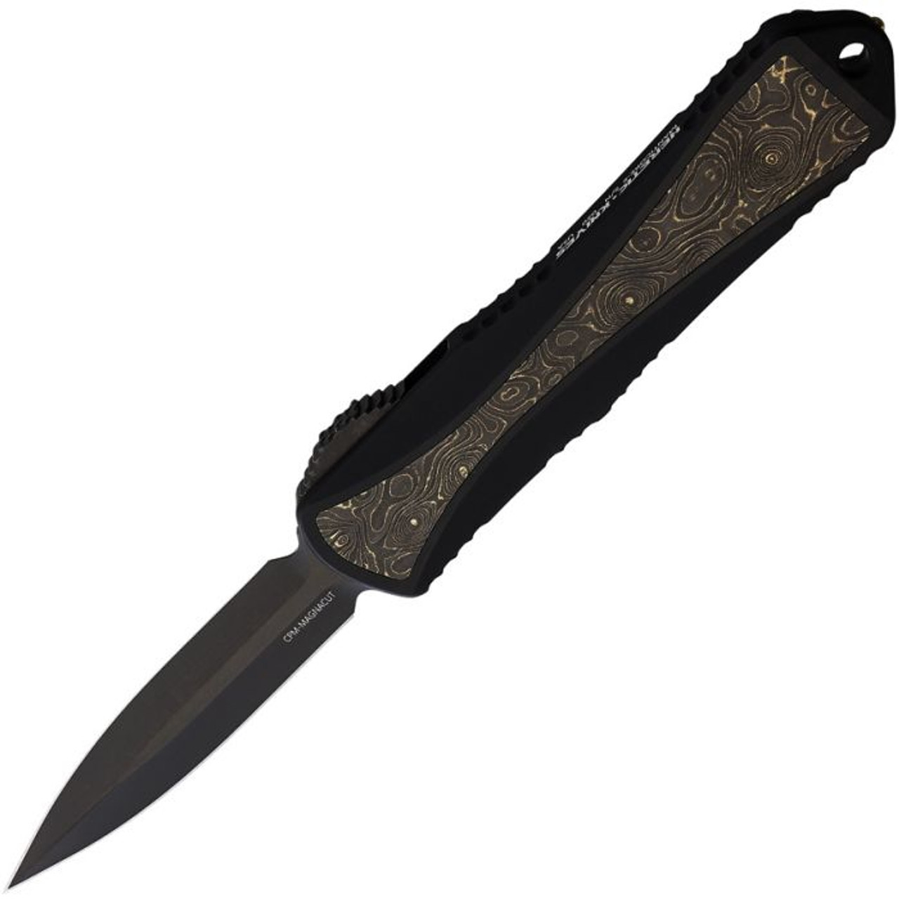 Heretic Knives Manticore E OTF Automatic (H0286AFCTIN) - 3.125" Black Magnacut Double Edge Dagger Plain Edge Blade, Black Aluminum with Gold Fat Carbon Fiber Inlay