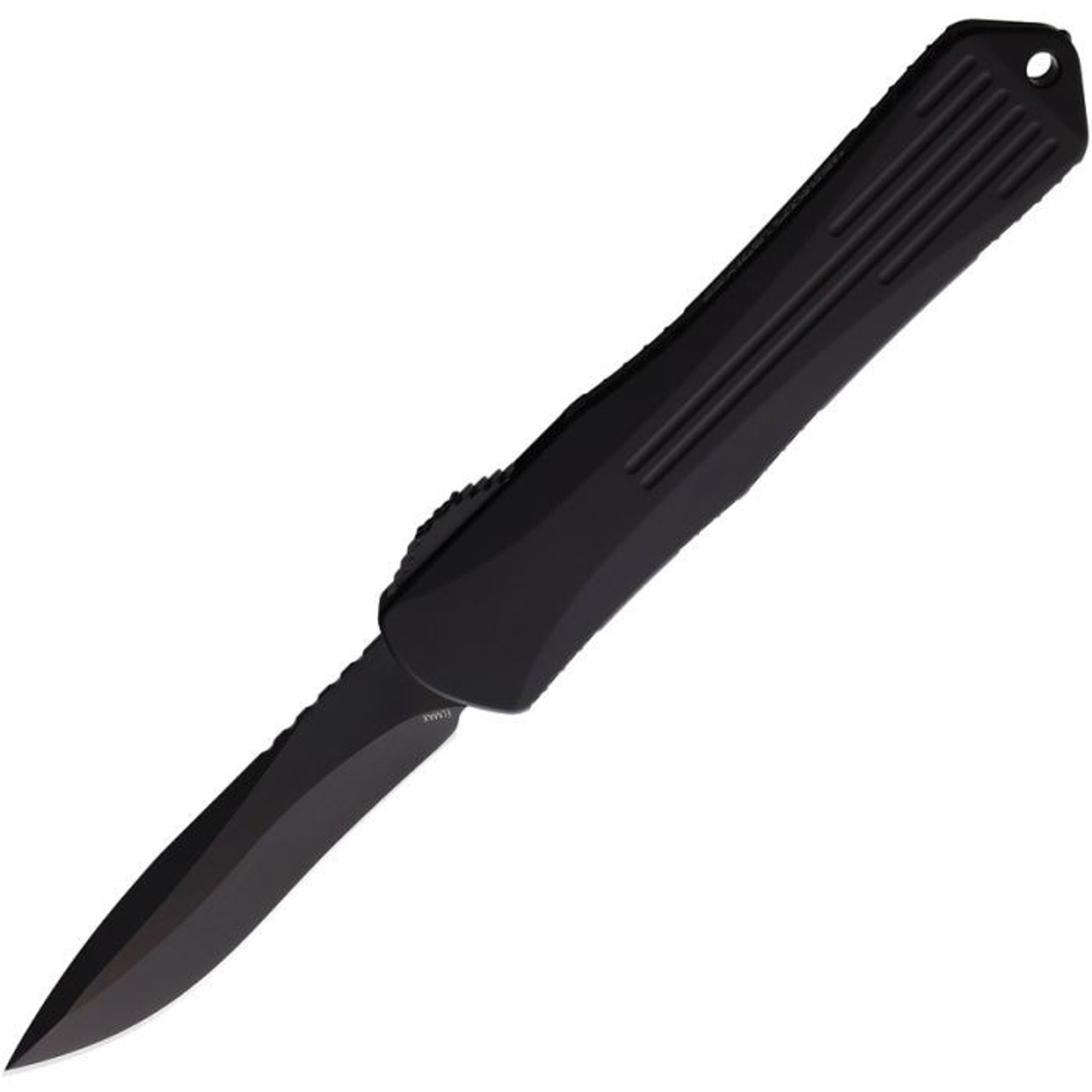 Heretic Knives Manticore S OTF Automatic (H0336APUCF) - 2.60" Black Elmax Drop Point Plain Edge Blade, Black Aluminum Front Handle, Purple and Black Carbon Fiber Back Handle