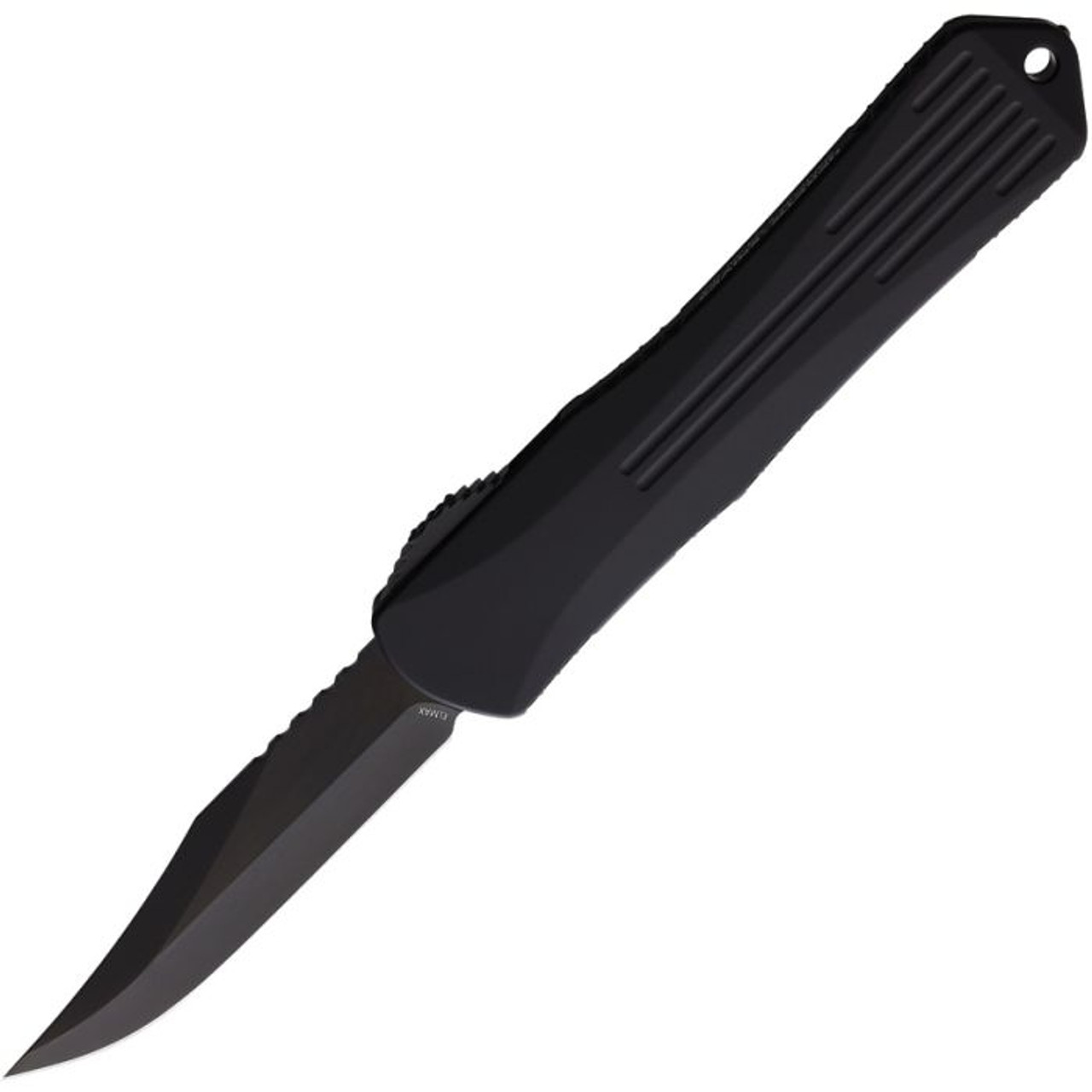 Heretic Knives Manticore X OTF Automatic (H030B6APUCF) - 3.75" Black Elmax Clip Point Plain Edge Blade, Blue Aluminum Front Handle, Purple and Black Carbon Fiber Back Handle