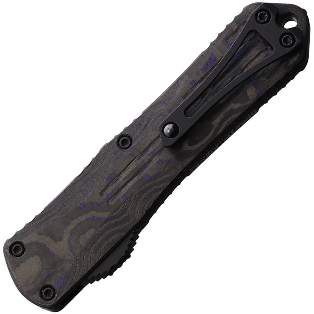 Heretic Knives Manticore E OTF Automatic (H026B6APUCF) - 3.125" Black Elmax Clip Point Plain Edge Blade, Black Aluminum Front Handle, Purple and Black Carbon Fiber Back Handle