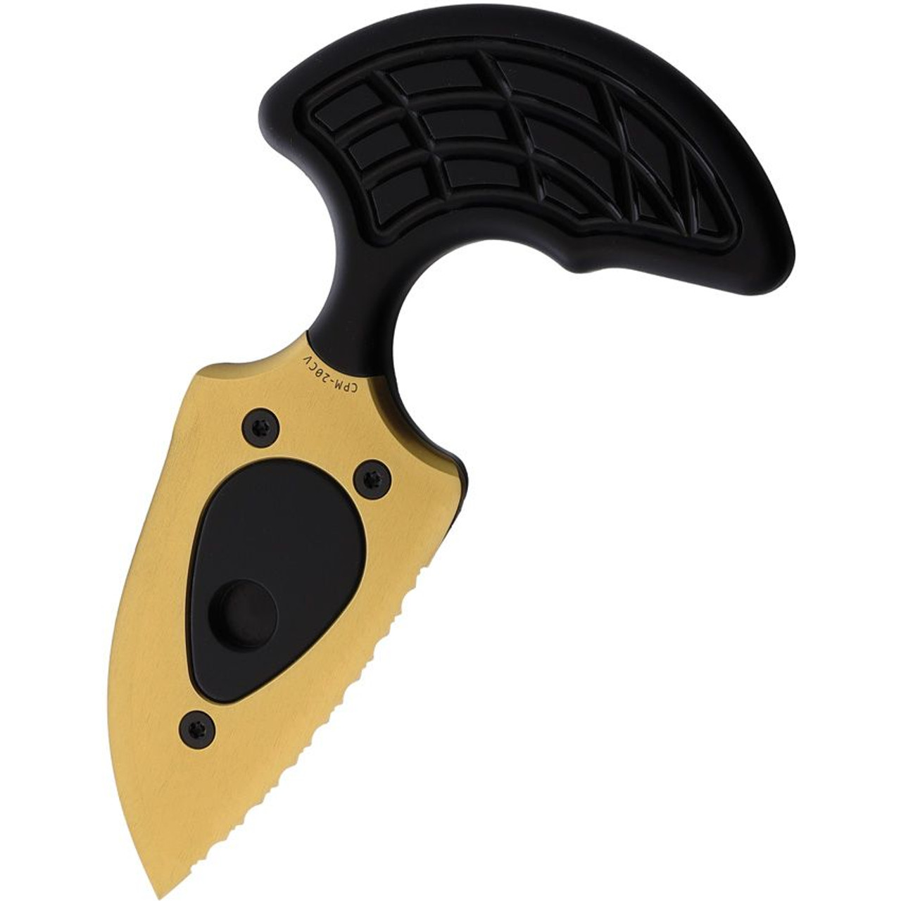 Heretic Sleight Push Dagger Fixed Blade (H0509C) - 2.8" CPM-20CV Gold TiNi Coated Double Edge Partially Serrated Dagger, Battleworn Black Anodized Aluminum Handle, Black Kydex Sheath with Tek-Lok