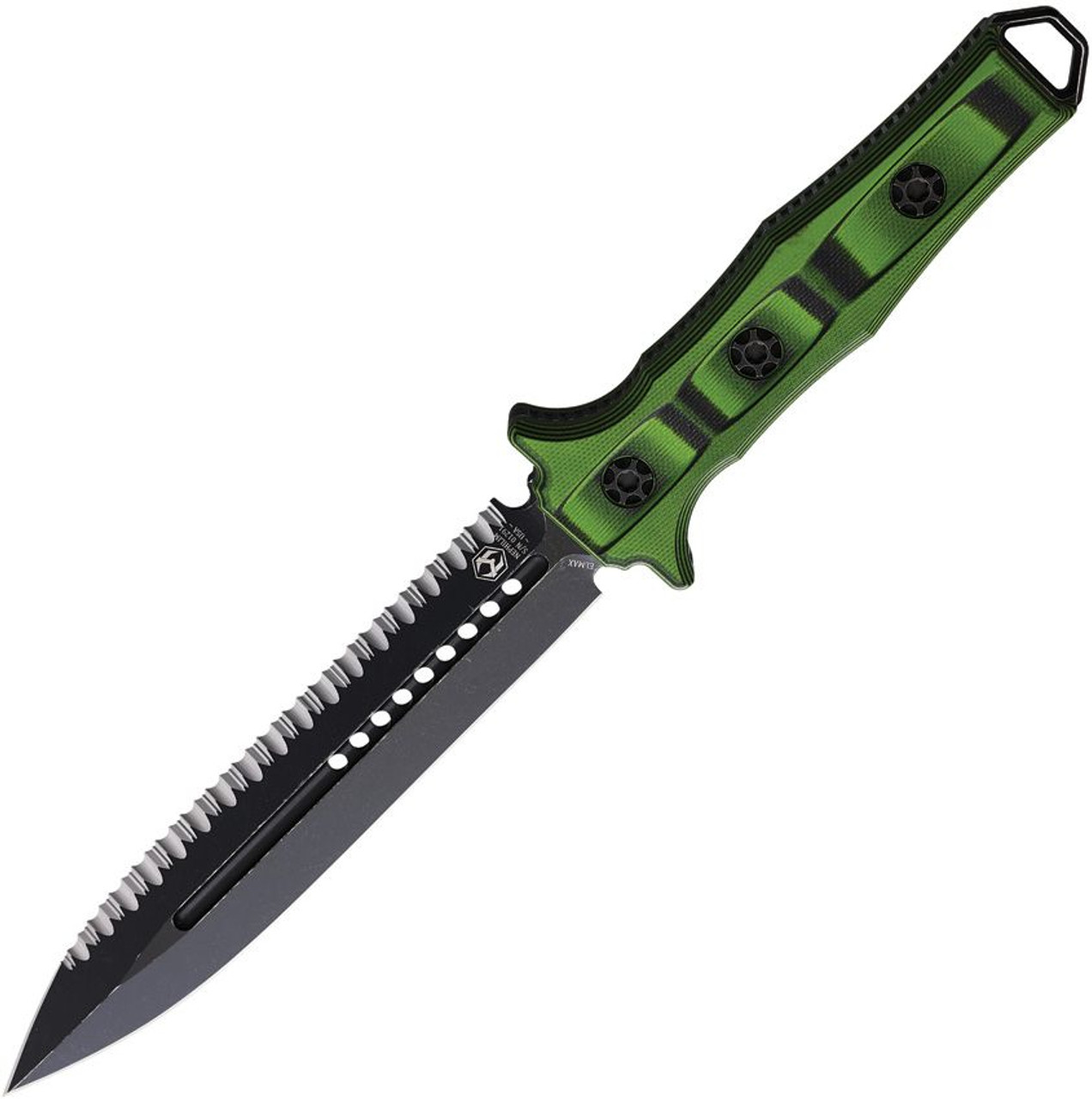 Heretic Knives Nephilim Fixed Blade (H0038CGRNBLK) - 6.5" Battleworn Elmax Double Edge Partially Serrated Dagger, Green G-10 Handle, Black Nylon MOLLE Sheath