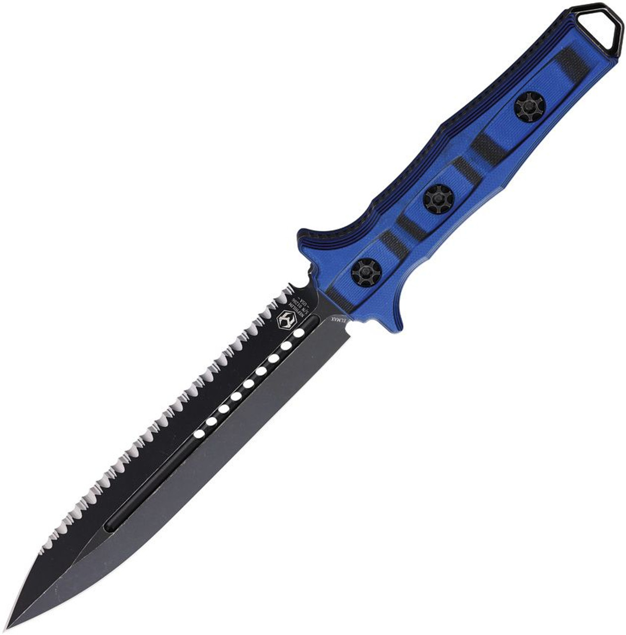 Heretic Knives Nephilim Fixed Blade (H0038CBLUBLK) - 6.5" Battleworn Elmax Double Edge Partially Serrated Dagger, Blue G-10 Handle, Black Nylon MOLLE Sheath