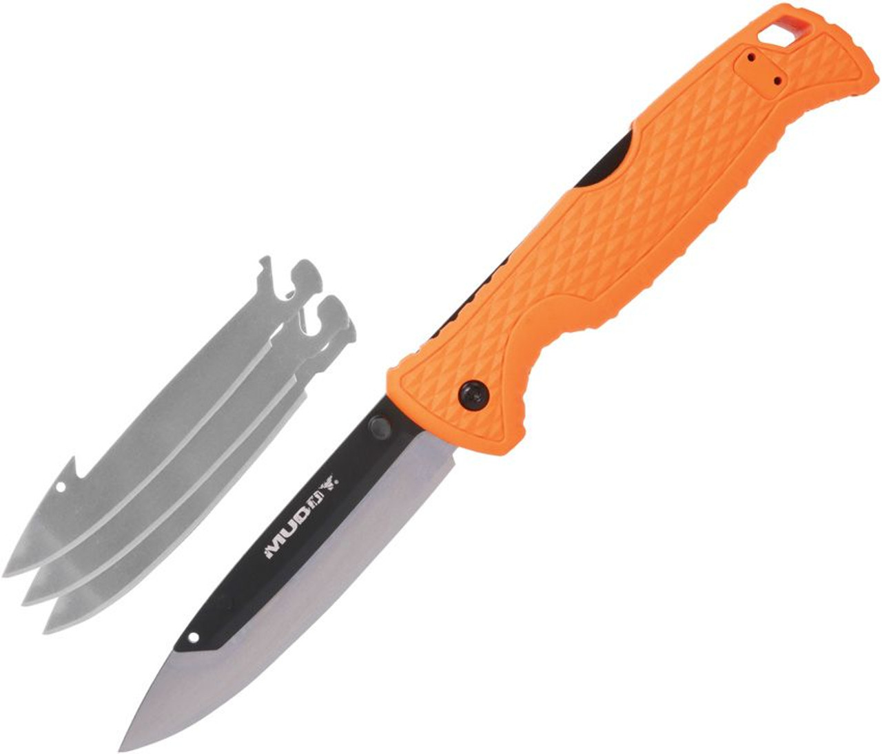 Muddy Swap Replace-A-Blade Knife - 3.5" Satin 420J2 Steel Drop Point Plain Blades, Orange GFN Handle