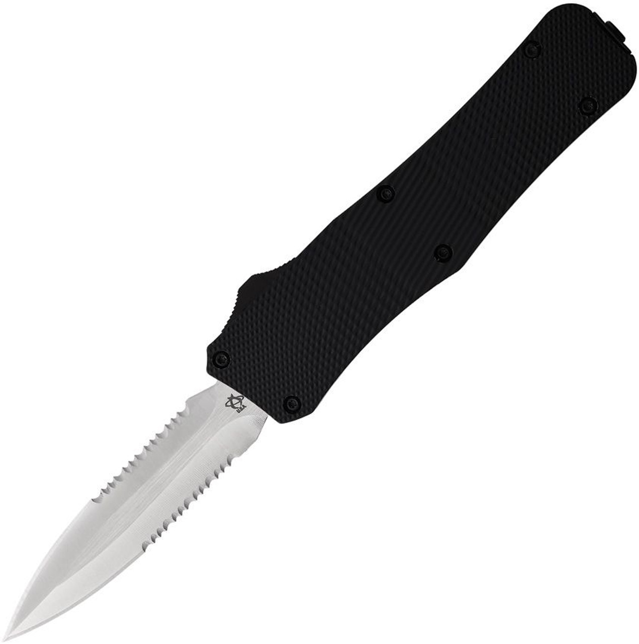 Mantis Knives Out the Front (MANOTF812) 3.25" Satin Finished 440C Partially Serrated Dagger Blade, Black Checkered Aluminum Handle