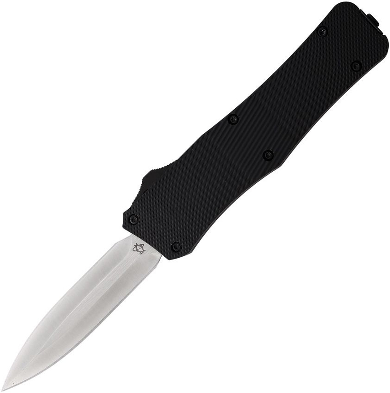 Mantis Knives Out the Front (MANOTF813) 3.25" Satin Finished 440C Plain Edge Dagger Blade, Black Checkered Aluminum Handle