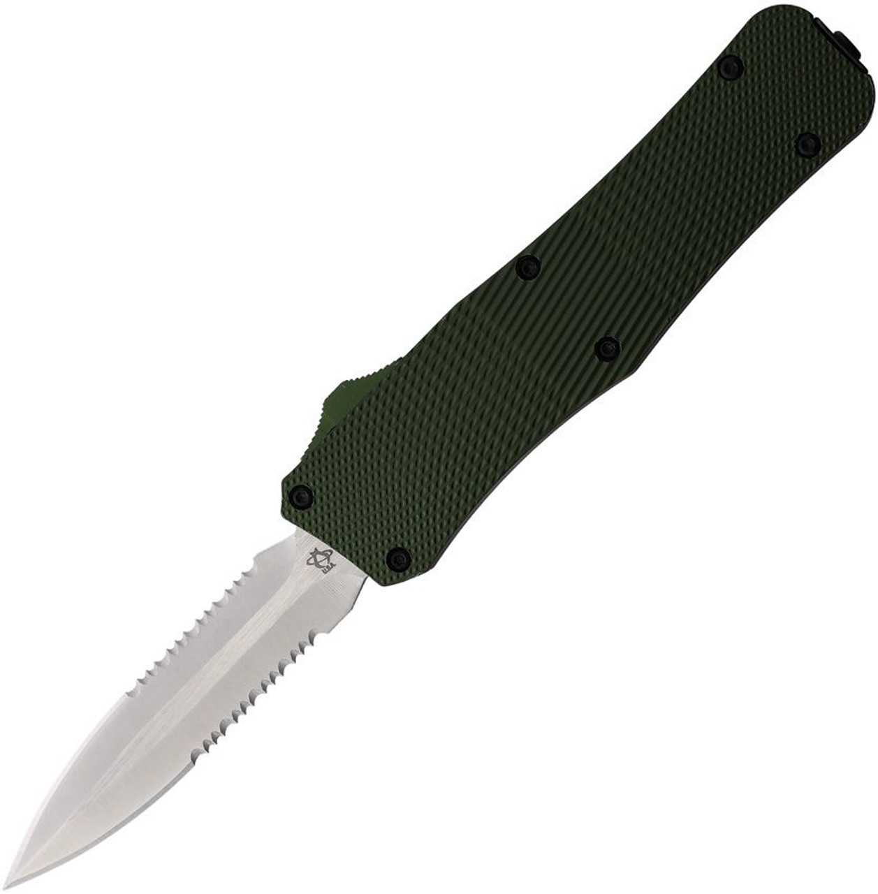 Mantis Knives Out the Front (MANOTF816) 3.25" Satin Finished 440C Partially Serrated Dagger Blade, Green Checkered Aluminum Handle