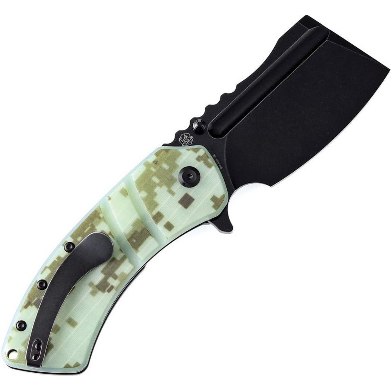 Kansept XL Korvid Flipper (T1030B2) - 3.55" Black Stonewash 154CM Cleaver Blade, Jade and Camouflage G-10 Handle