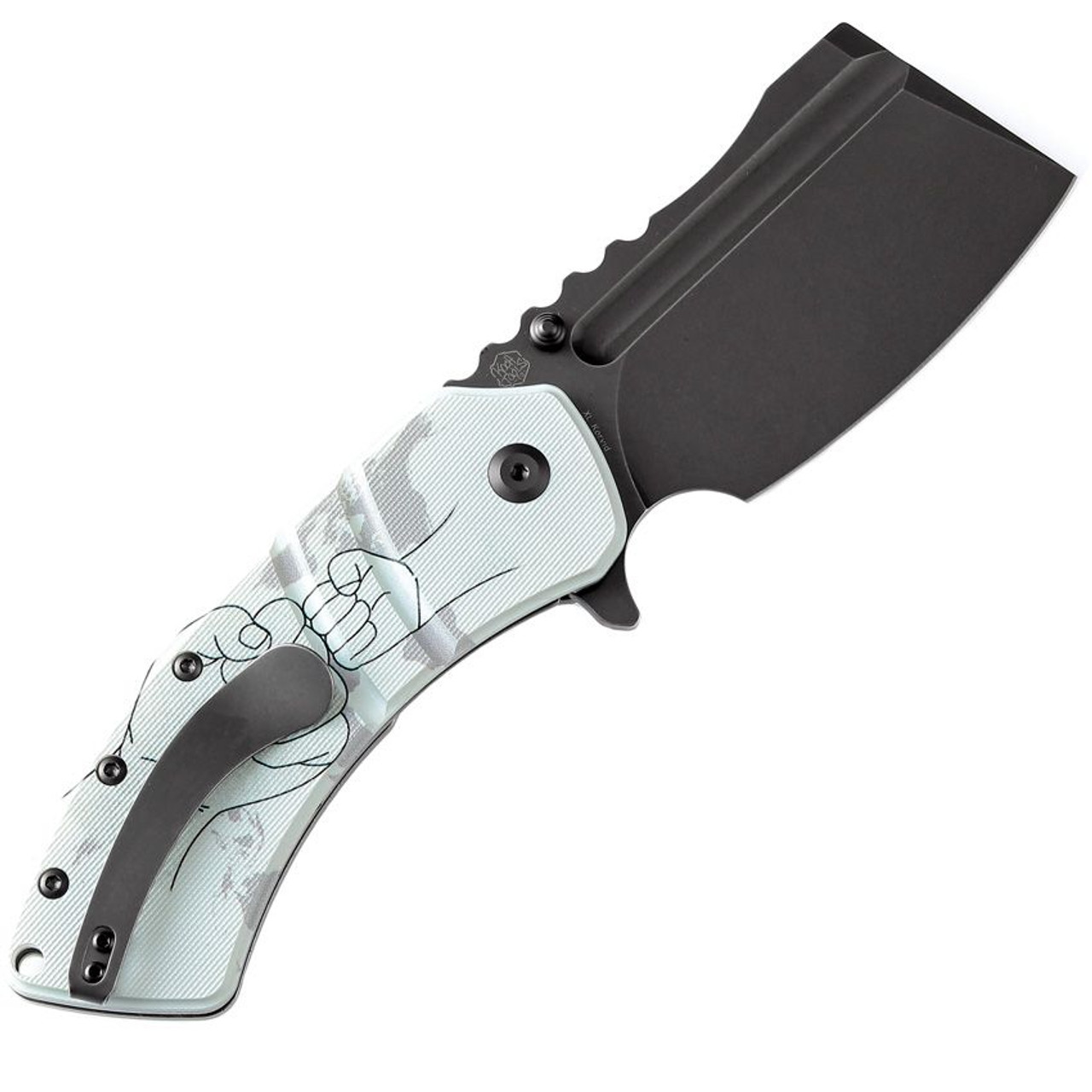 Kansept XL Korvid Flipper (T1030B5) - 3.55" Black Stonewash 154CM Cleaver Blade, Jade G10 with Parent and Child Hands - Handle