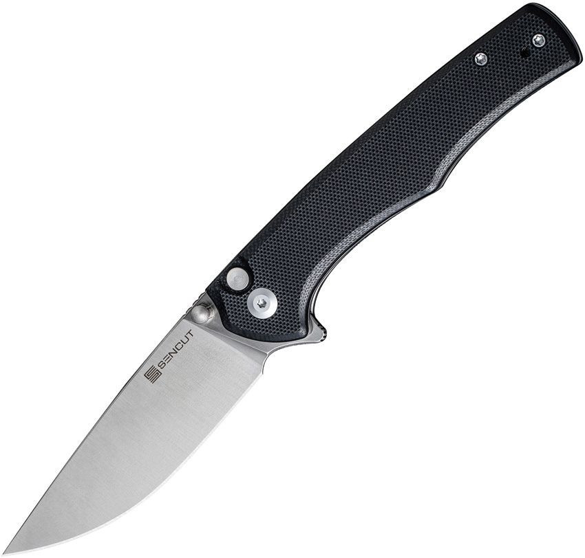 SENCUT Crowley Flipper & Button Lock & Thumb Stud Knife Black G10 Handle (3.48" Satin Finished D2 Blade) S21012-4