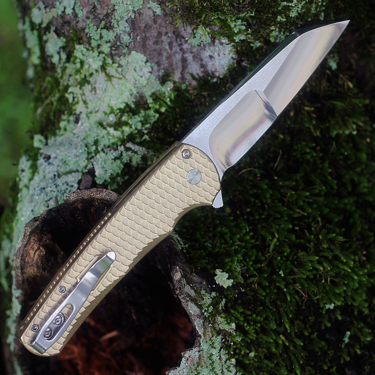Pro-Tech Knives 2023 Malibu Custom 016 - 3.25" Mike Ire Compound Mirror Reverse Tanto Plain Blade, AlBronze Anodized Titanium Handle