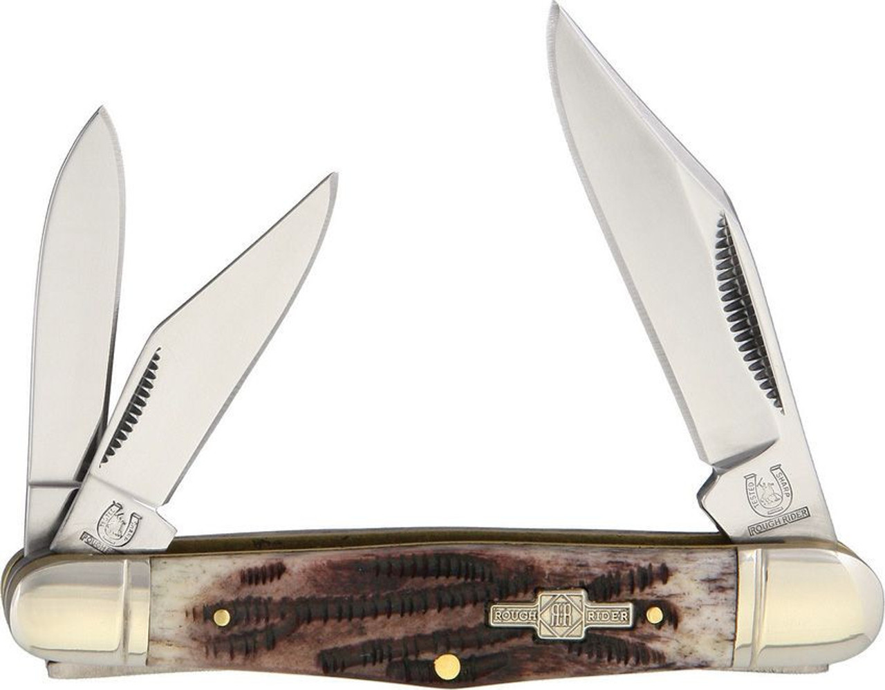 Rough Ryder Trapper - 440A Stainless Steel Clip, Short Clip and Spey Blade, Stag Bone Handle (RR155)