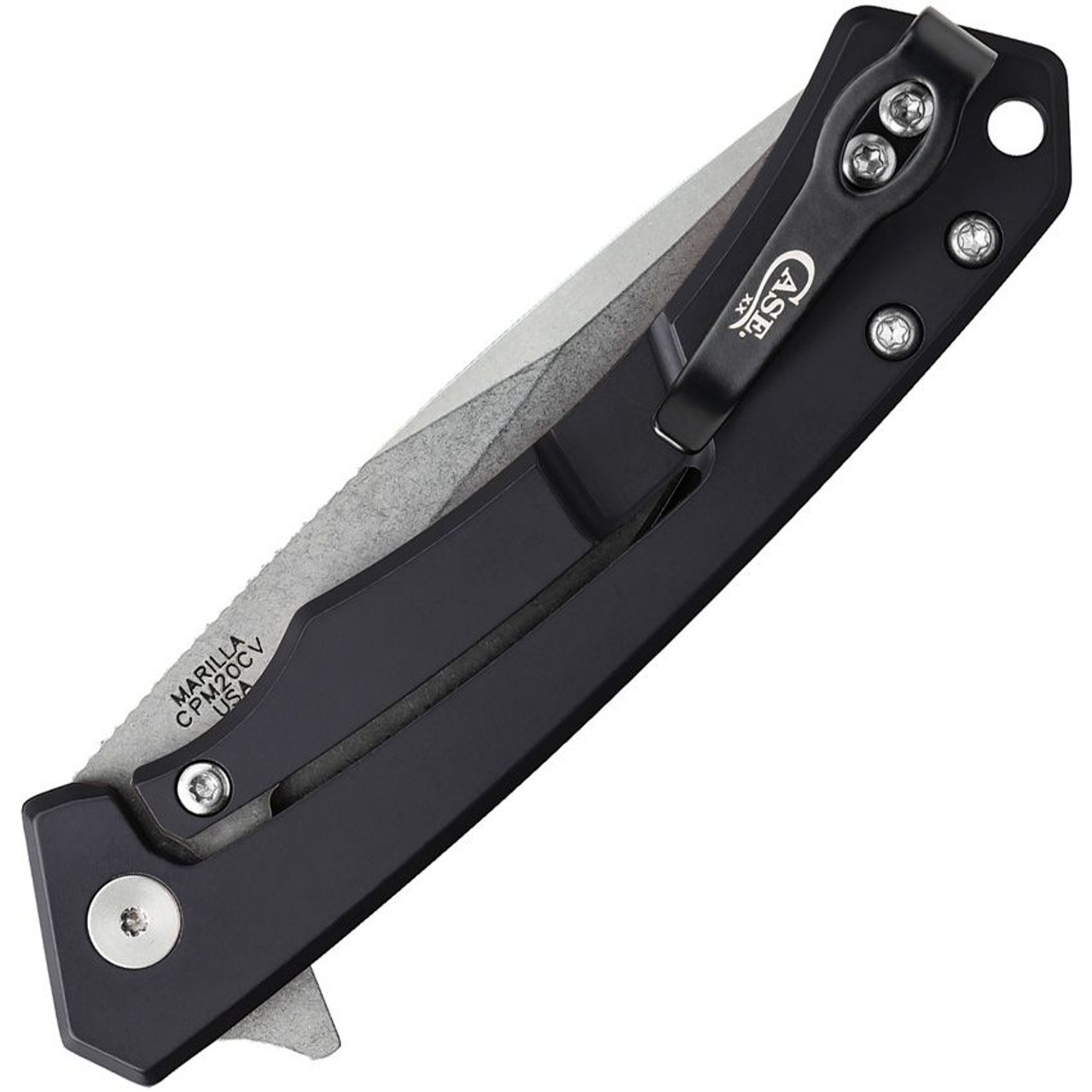 Case Marilla Frame Lock Knife (25884) - 3.4" CPM-20CV Stonewashed Drop Point Blade, Black Anodized Aluminum Handle with Black G-10 Inlay