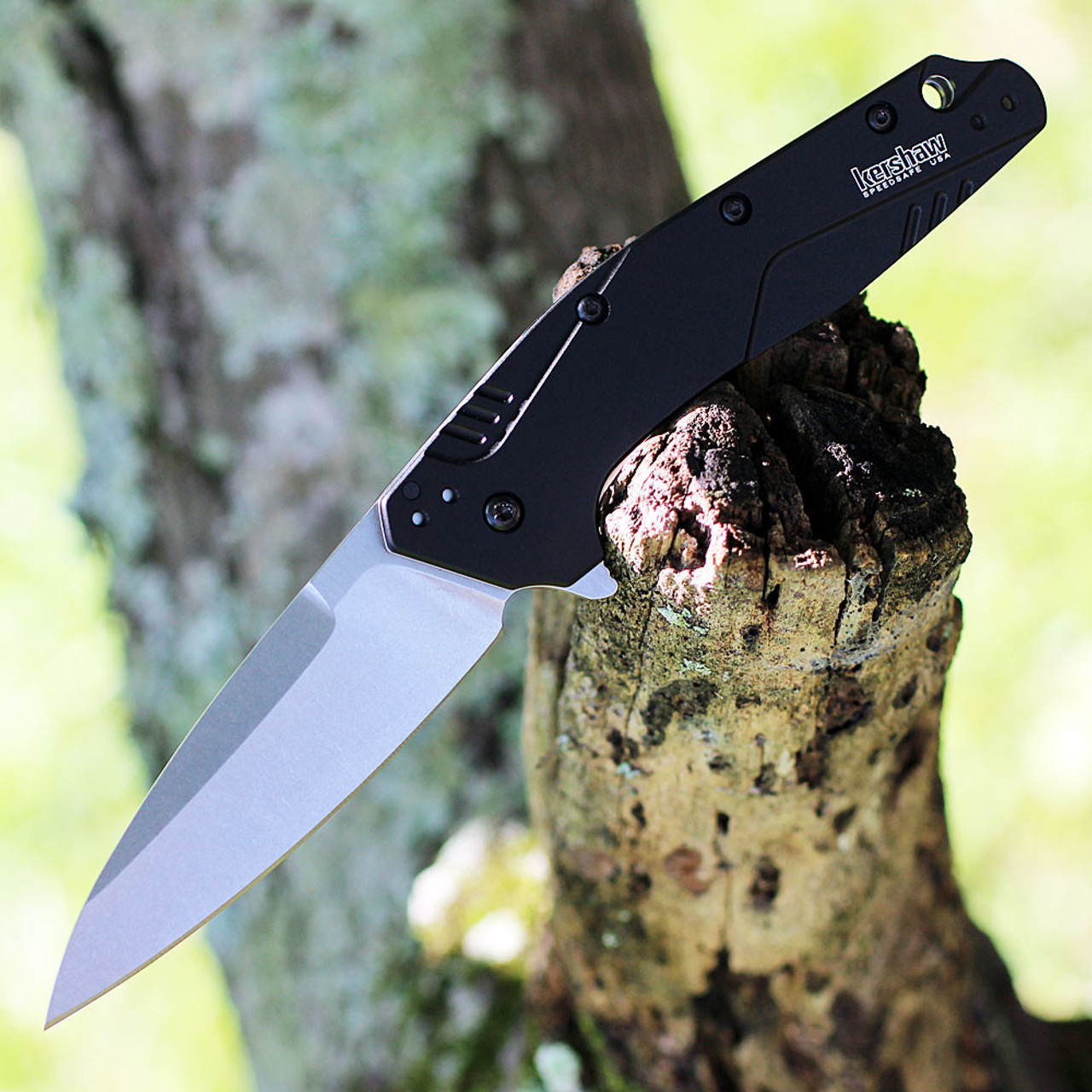 Kershaw Dividend A/O (1812BLKMAG) 3" CPM-Magnacut Stonewashed Wharncliffe Plain Blade, Black Aluminum Handle