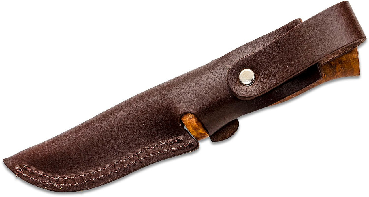 Helle Fossekallen Fixed Blade (#1049) 3.50" 12C27 Drop Point Plain Blade, Birch Wood Handle, Leather Sheath