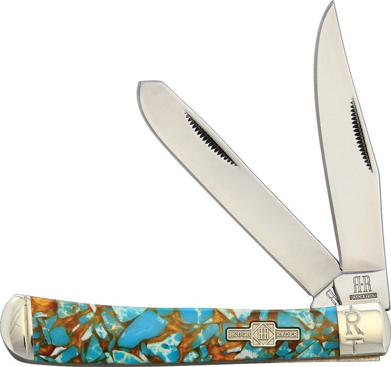 Rough Ryder Trapper (RR2001) 440A Stainless Steel Mirror Finished Clip and Spey Blade, Amber and Turquoise Stone Handle, Nickel Silver Bolsters