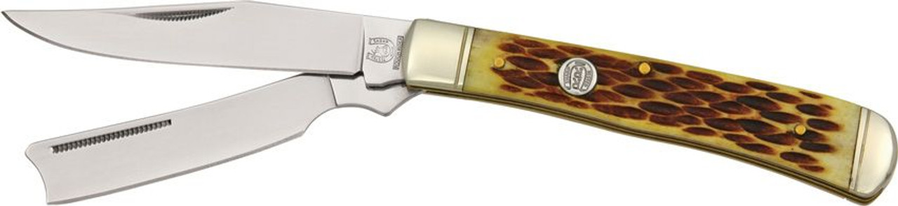 Rough Ryder Razor Trapper (RR072) 440A Stainless Steel Mirror Finished Clip and Razor Blade, Amber Bone Handle, Nickel Silver Bolsters