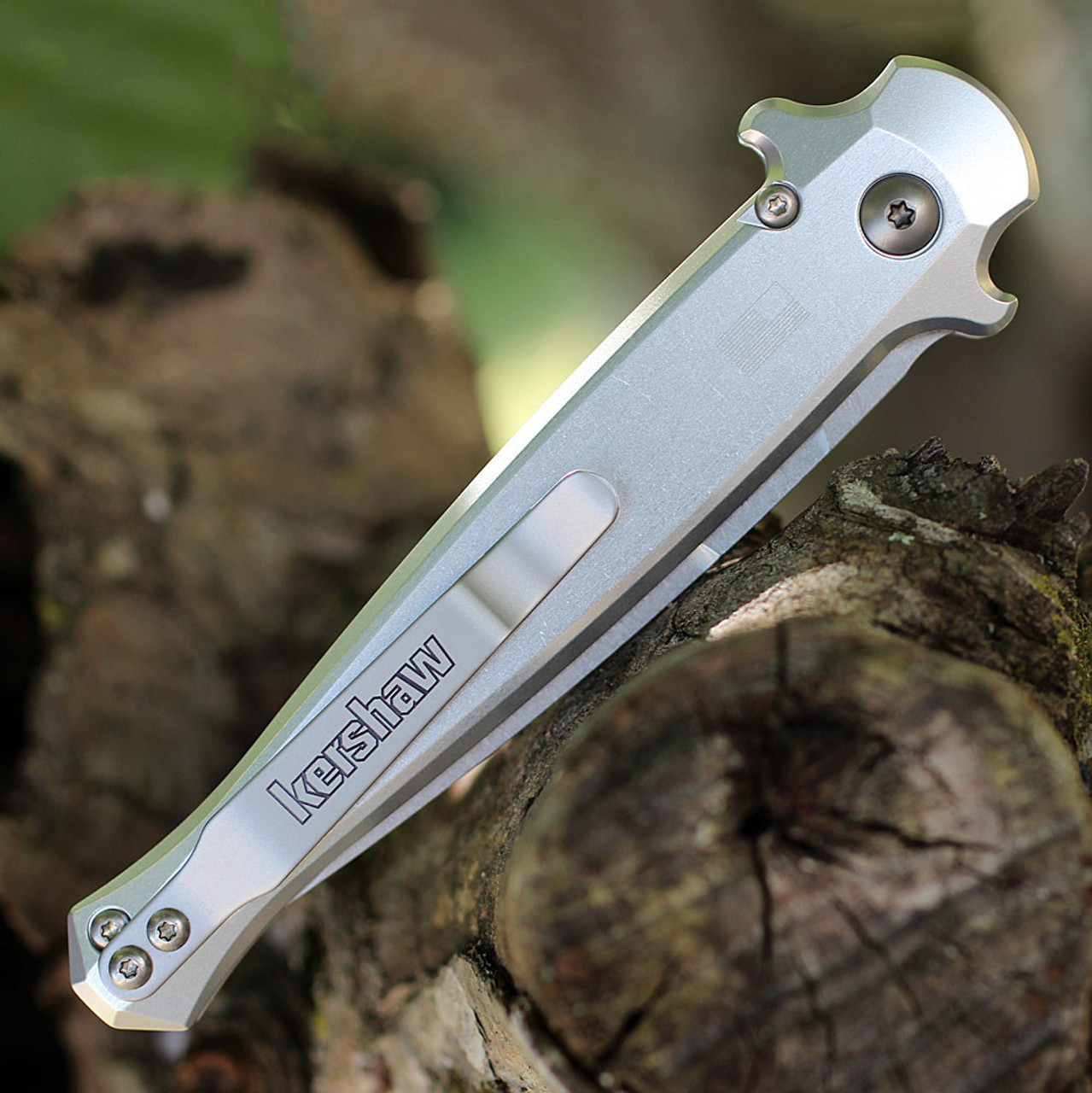 Kershaw Launch 8 (7150RAW) 3.5" CPM-154 Stonewashed Spear Point Plain Blade, Silver Aluminum Handle w/ Black Carbon Fiber Inlay, Automatic Push Button Opener