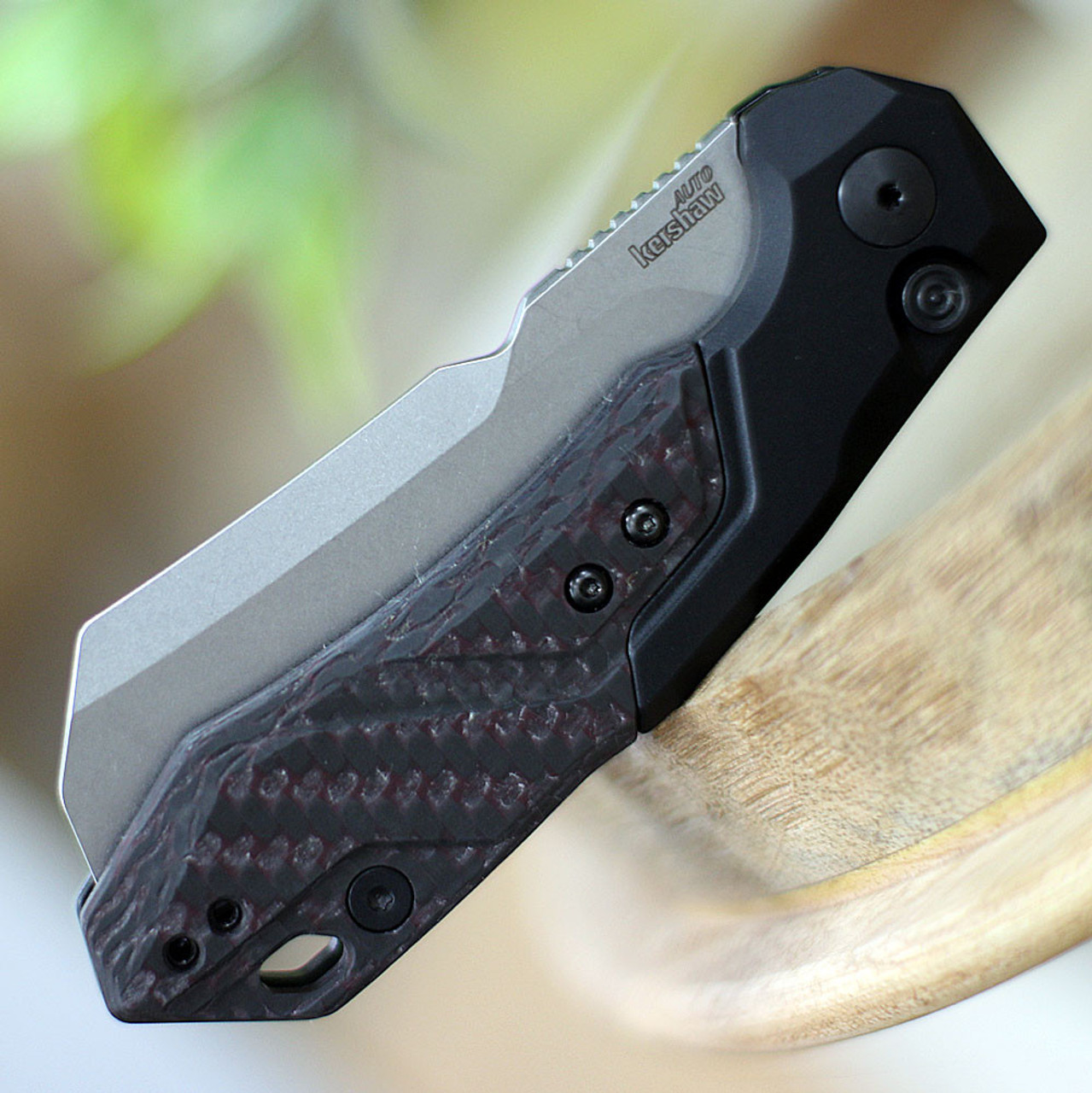 Kershaw Launch 14 (KS7850RDSW) 3.375" CPM-154 Stonewashed Cleaver Plain Blade, Black Anodized Aluminum Handle w/ Black and Red Carbon Fiber Onlay