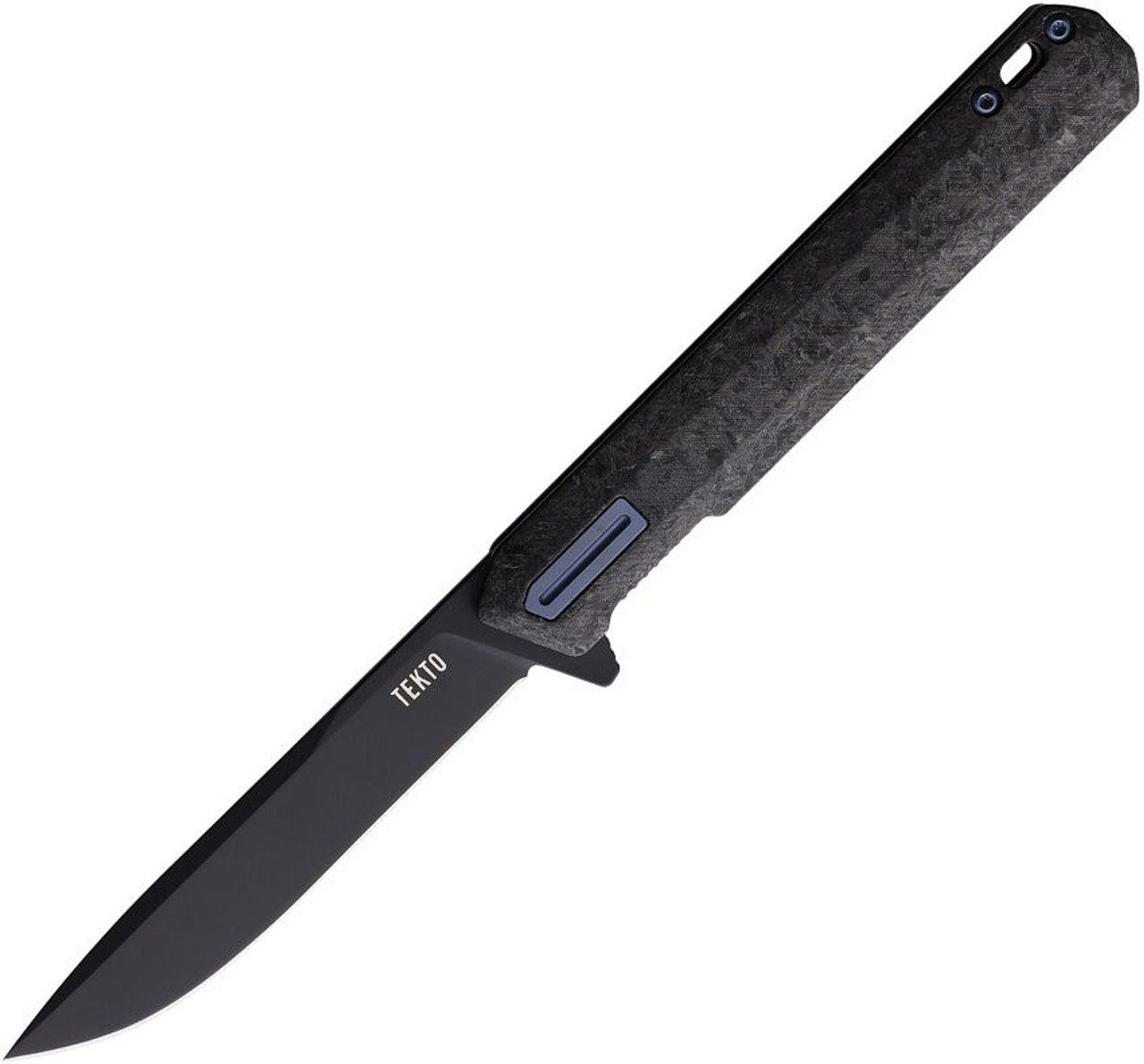 Tekto F2 Bravo (TKTF2CBLBK1) 3.10" Black Oxide Coated D2 Drop Point Plain Blade, Carbon Fiber Handle, Blue Titanium Accents