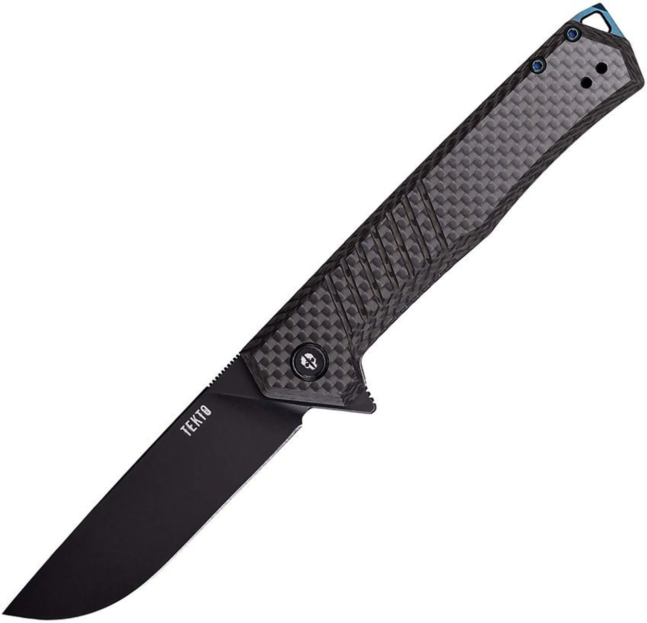 Tekto F1 Alpha (TKTF1CBKBK2) 3.10" Black Oxide Coated D2 Drop Point Plain Blade, Carbon Fiber Handle, Blue Titanium Accents