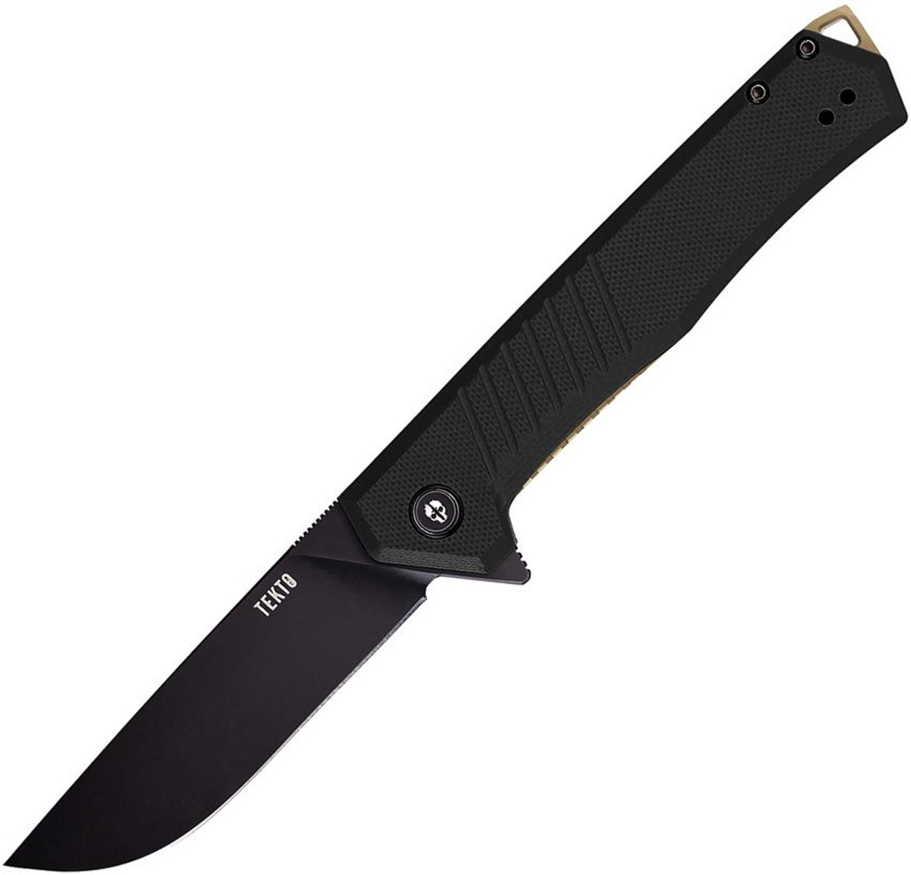 Tekto F1 Alpha (TKTF1GBKBK3) 3.10" Black Oxide Coated D2 Drop Point Plain Blade, Black G-10 Handle, Gold Titanium Accents