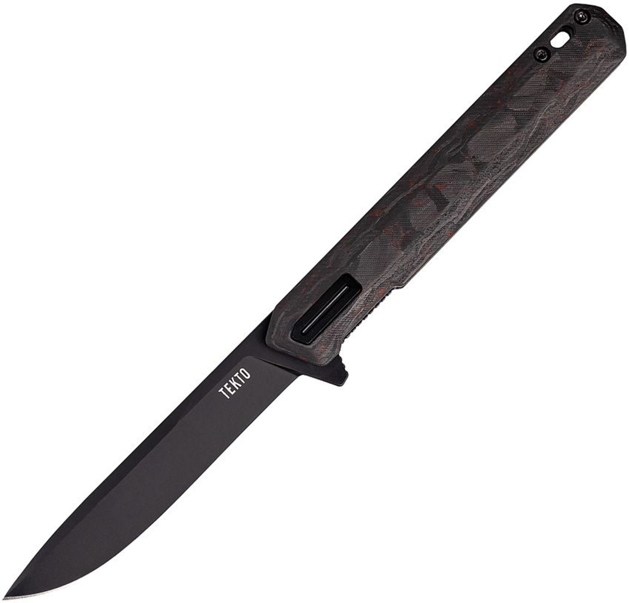 Tekto F2 Bravo (TKTF2CRDBK1) 3.10" Black Oxide Coated D2 Drop Point Plain Blade, Red Carbon Fiber Handle, Black Titanium Accents