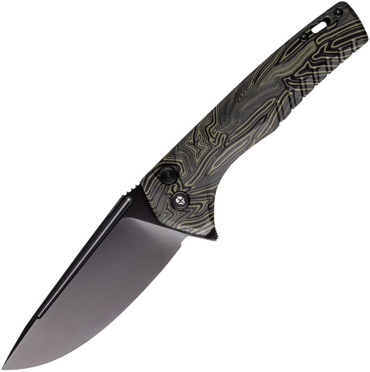 Tekto F3 Charlie (TKTF3GMXBK1) 3.75" Black Oxide Coated D2 Drop Point Plain Blade, Black and Green G-10 Handle, Button Lock