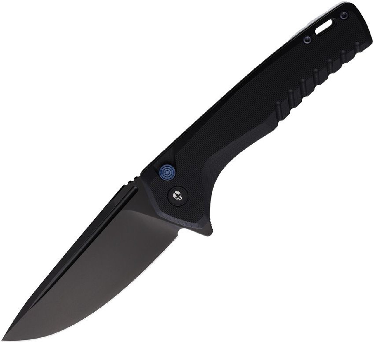 Tekto F3 Charlie (TKTF3GBKBK12) 3.75" Black Oxide Coated D2 Drop Point Plain Blade, Black G-10 Handle, Blue Titanium Button Lock