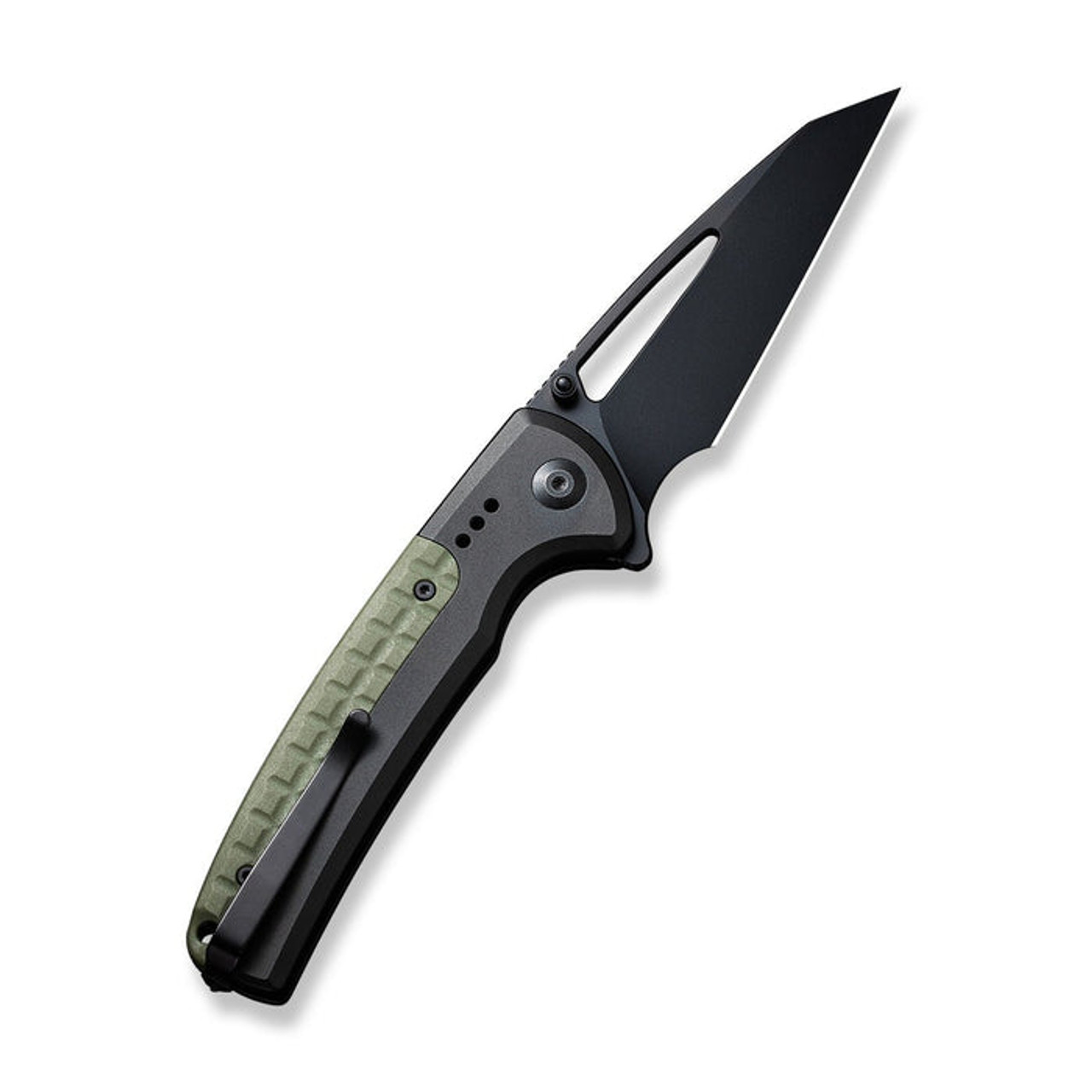 Civivi Sentinel Strike Flipper and Button Lock (C22025B-3) 3.7" Black K110 Reverse Tanto Plain Blade, Black Aluminum Handle with Green FRN Integral Spacer