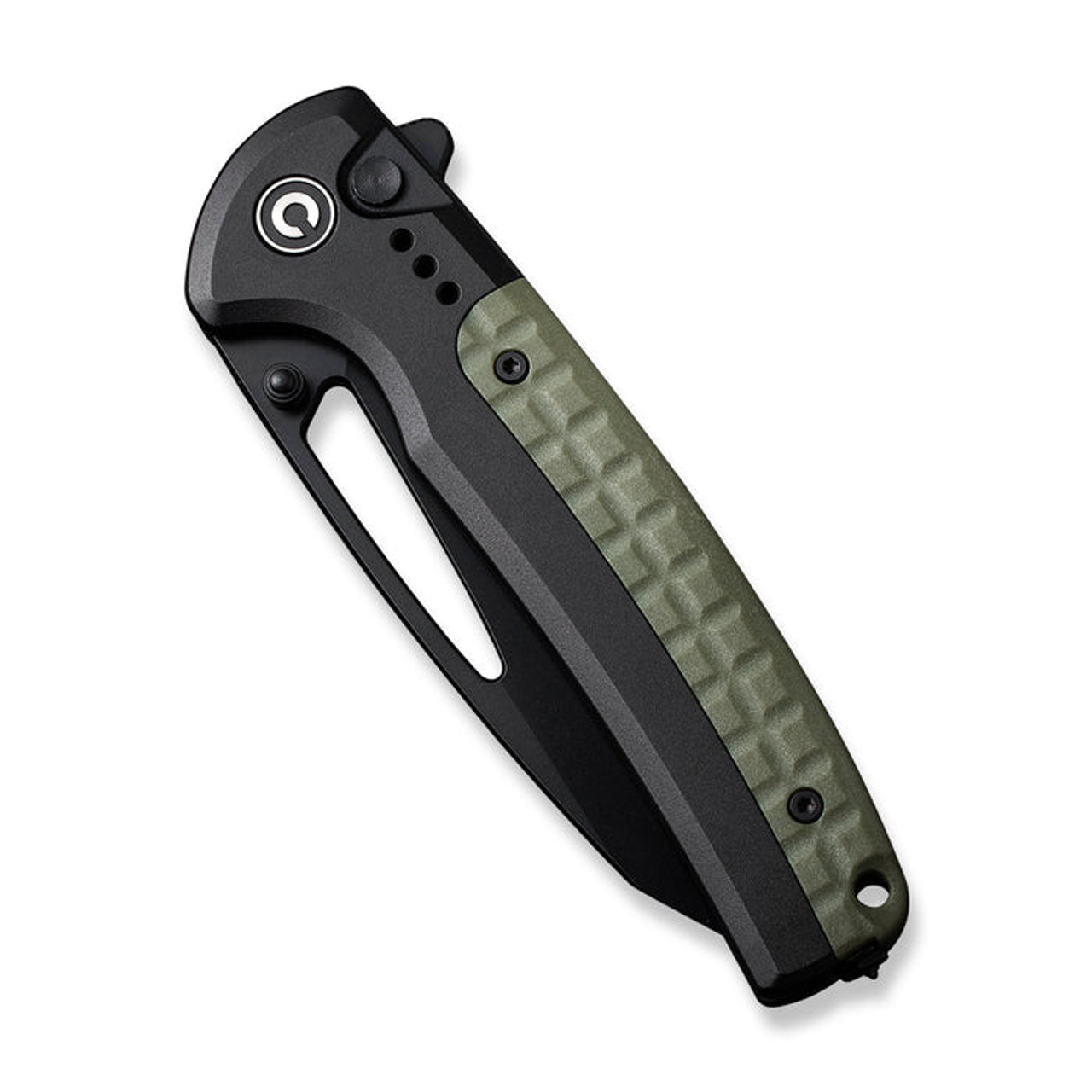 Civivi Sentinel Strike Flipper and Button Lock (C22025B-3) 3.7" Black K110 Reverse Tanto Plain Blade, Black Aluminum Handle with Green FRN Integral Spacer