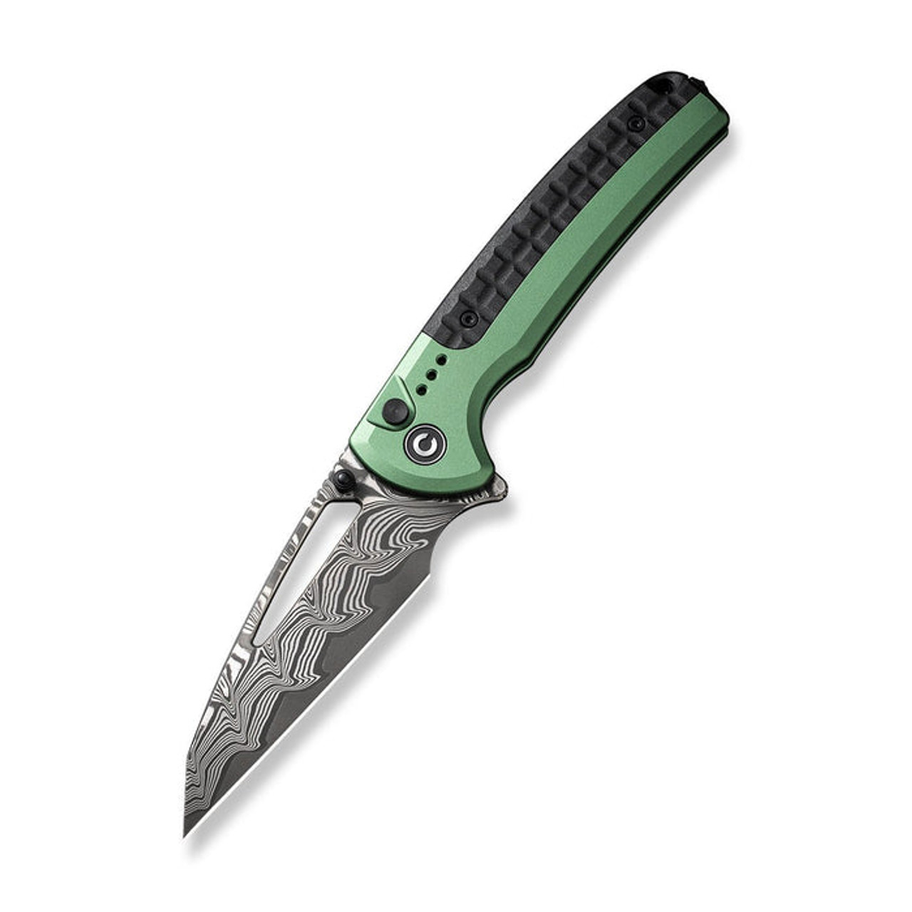 Civivi Sentinel Strike Flipper and Button Lock (C22025B-DS1) 3.7" Damascus Reverse Tanto Plain Blade, Green Aluminum Handle with Black FRN Integral Spacer