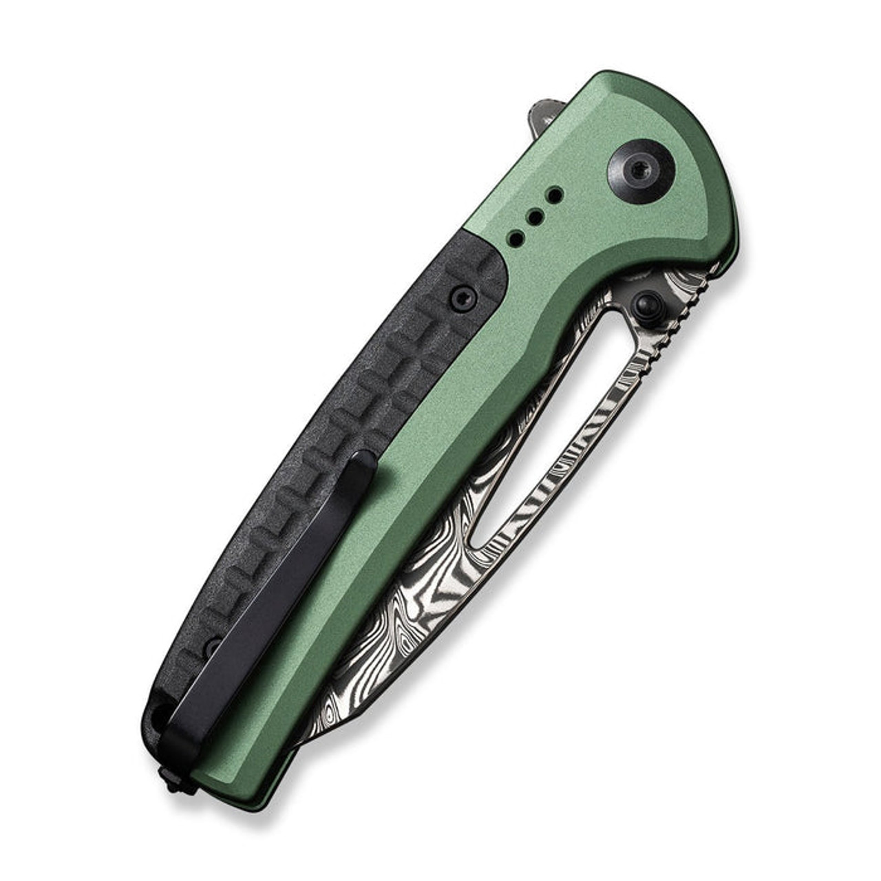 Civivi Sentinel Strike Flipper and Button Lock (C22025B-DS1) 3.7" Damascus Reverse Tanto Plain Blade, Green Aluminum Handle with Black FRN Integral Spacer