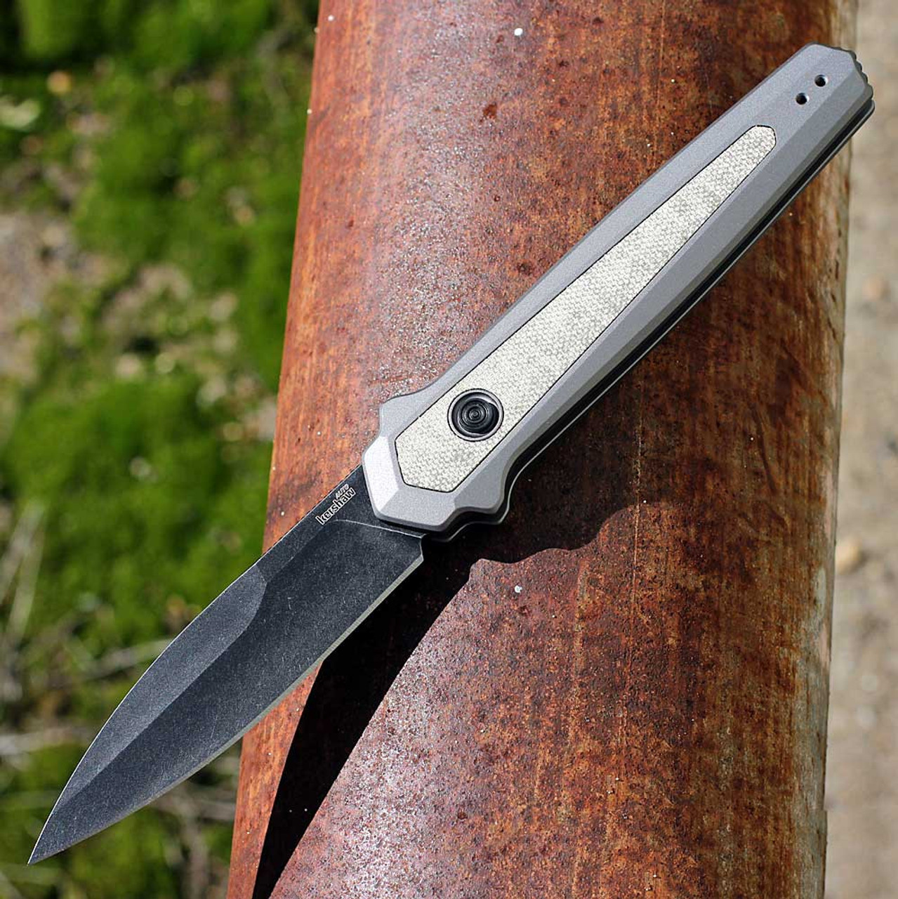 Kershaw Launch 15 (7950GRY) 3.5" CPM-MagnaCut Blackwashed Spear Point Plain Blade, Gray Aluminum Handle w/ Green Micarta Inlay