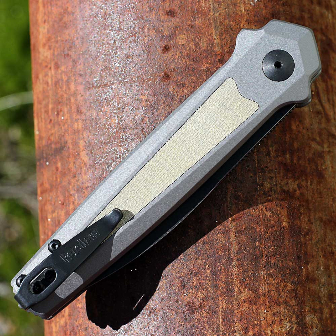 Kershaw Launch 15 (7950GRY) 3.5" CPM-MagnaCut Blackwashed Spear Point Plain Blade, Gray Aluminum Handle w/ Green Micarta Inlay