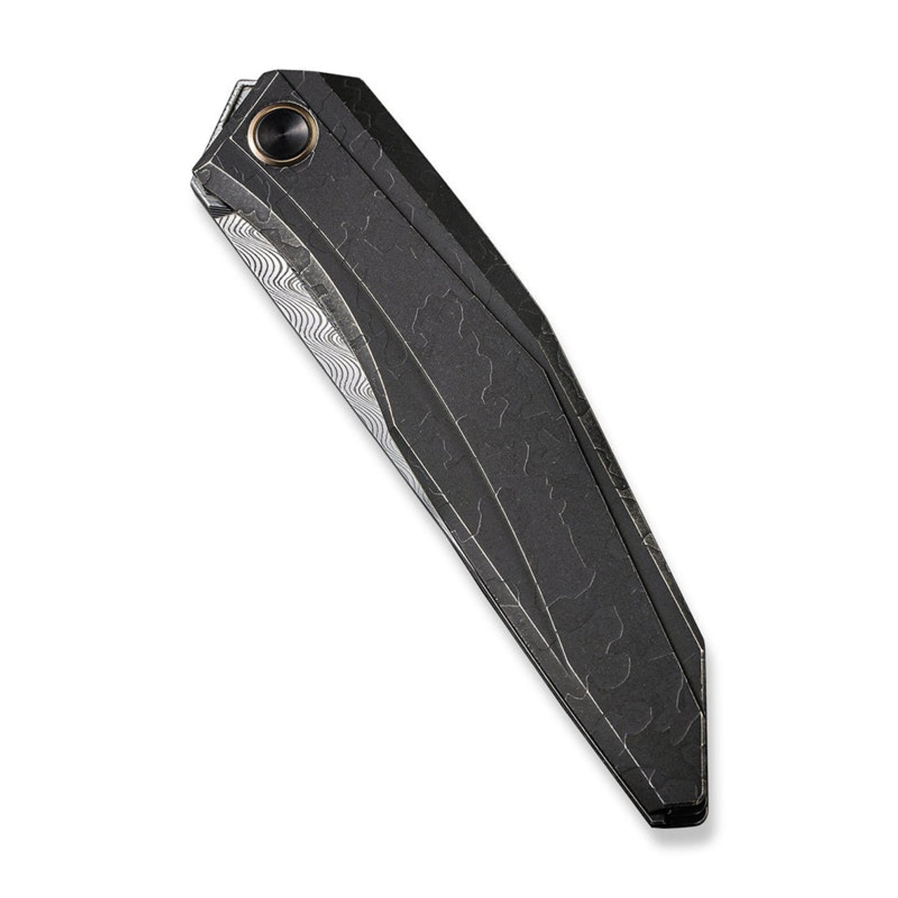 We Knife Cyberbetic Top Flipper (WE22033-DS1) 3.91" Hakkapella Damasteel Straight Back Plain Blade, Etched Black Titanium Handle
