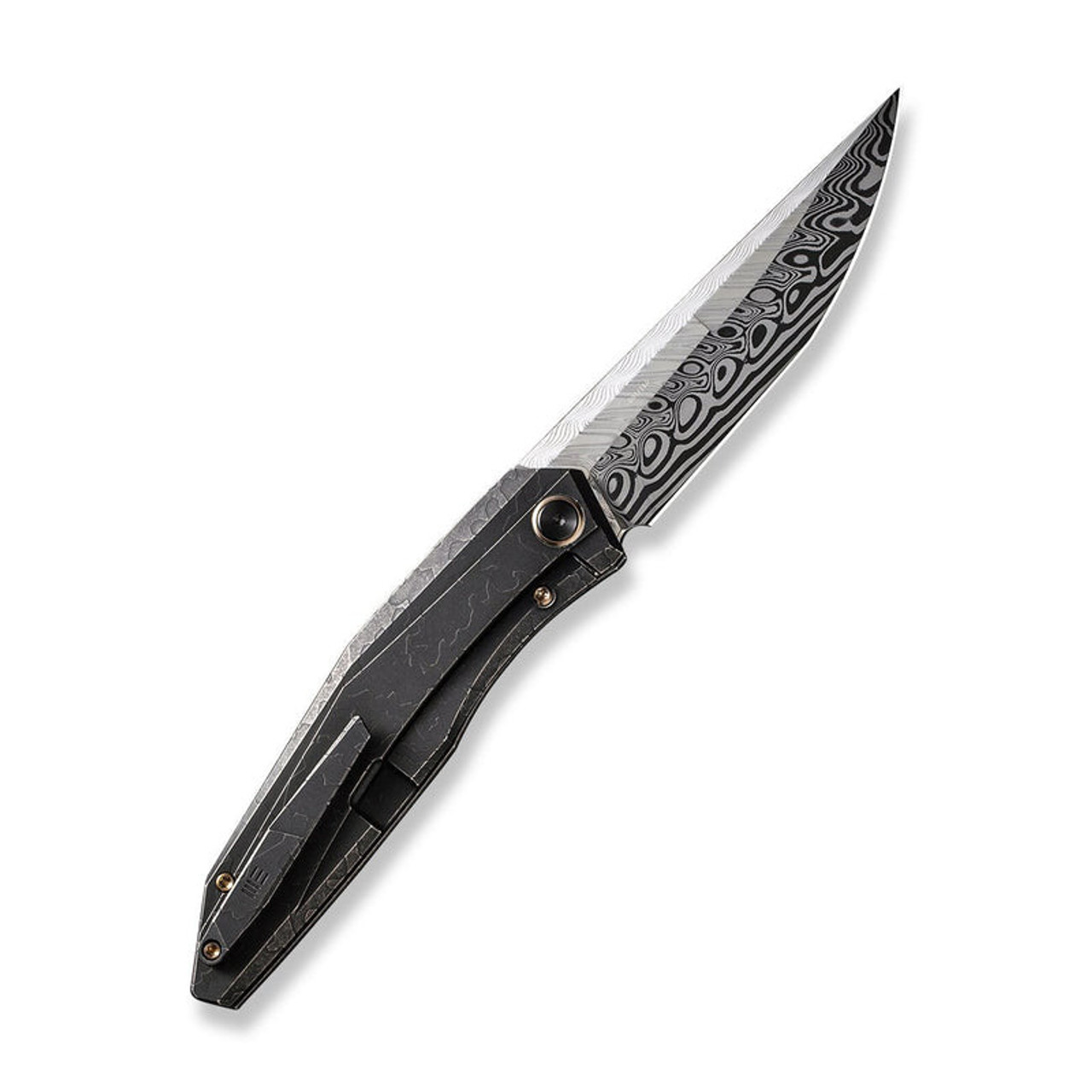 We Knife Cyberbetic Top Flipper (WE22033-DS1) 3.91" Hakkapella Damasteel Straight Back Plain Blade, Etched Black Titanium Handle