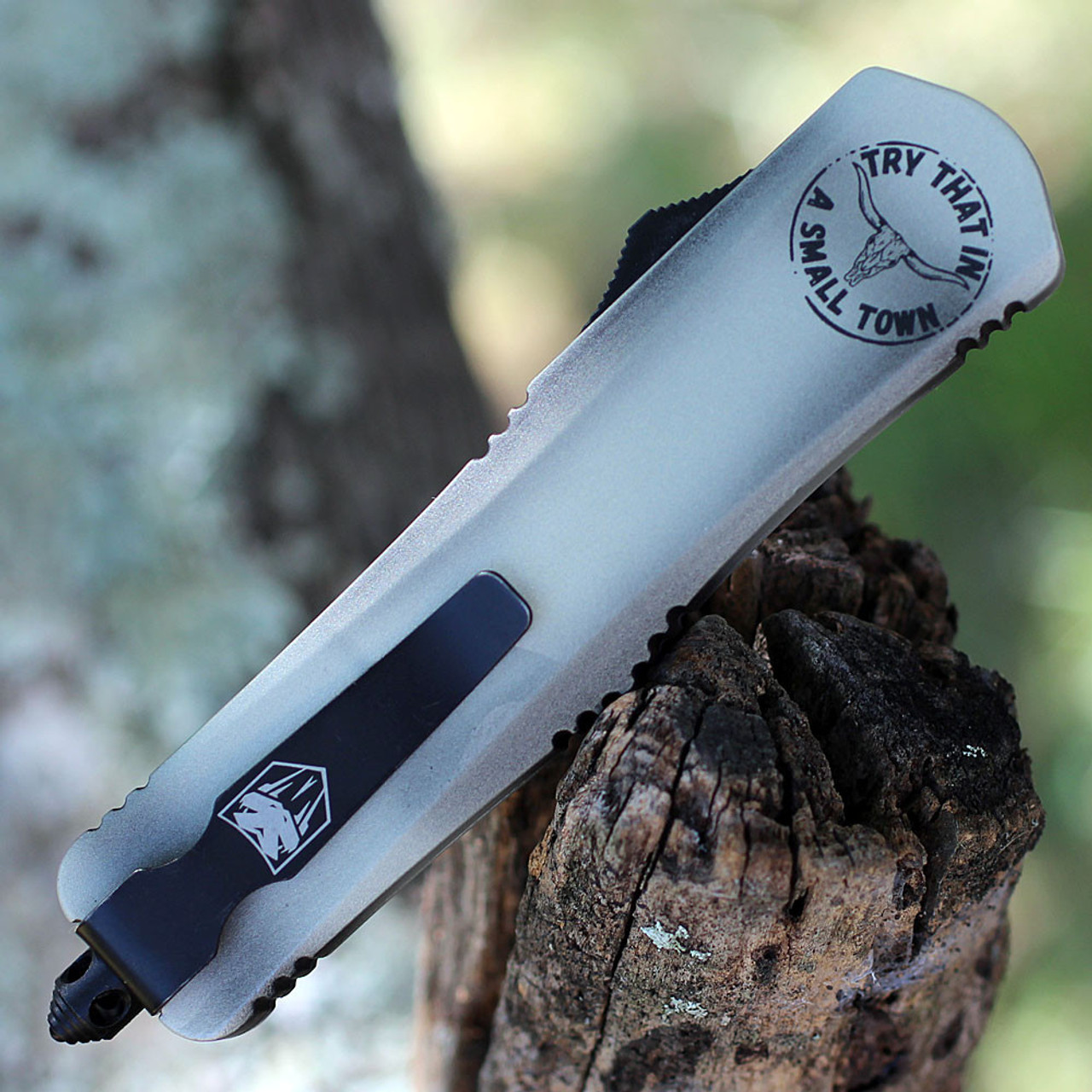 CobraTec Medium FS-3 OTF Try That In A Small Town (MTTIASTFS-3TNS) 3" D2 Satin Tanto Plain Blade, Aluminum Handle with Glass Breaker