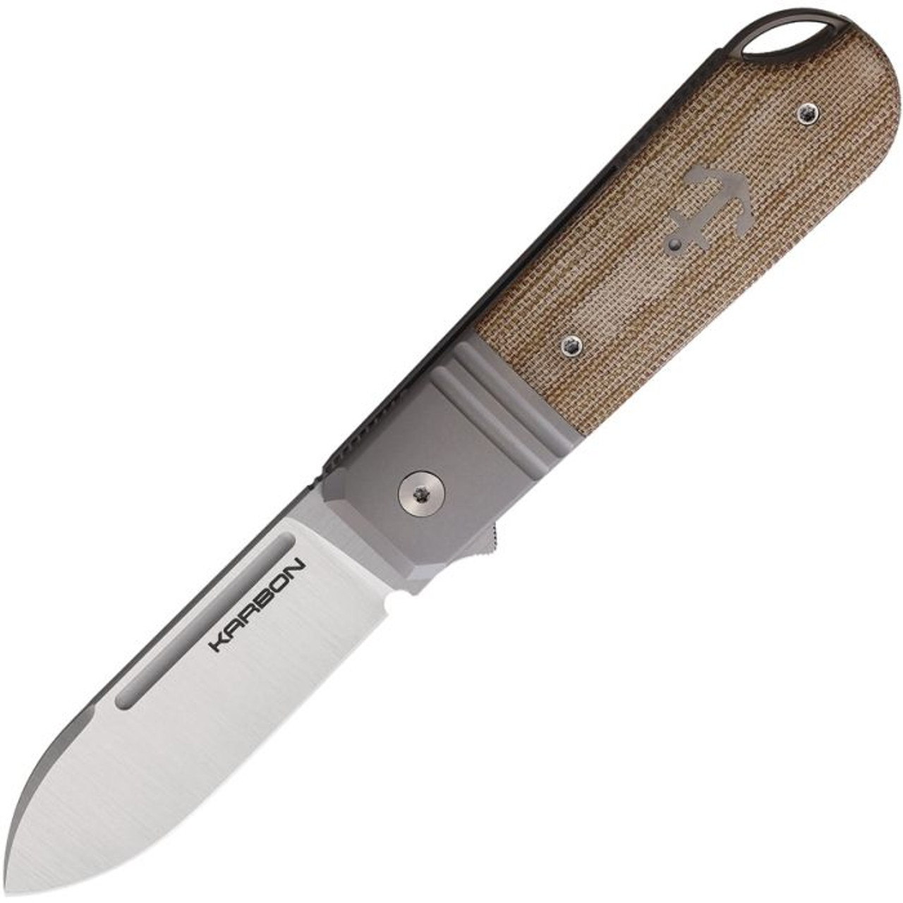 Karbon Knives Ahoy (KARB100) 3.12" Bohler M390 Satin Spear Point Plain Blade, Natural Micarta w/ Titanium Bolster Handle