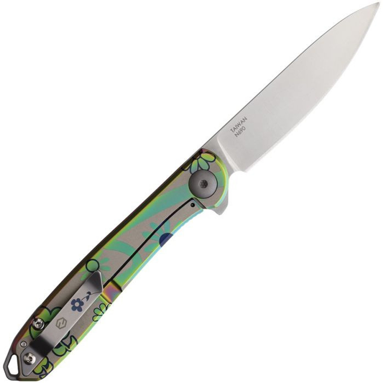 Karbon Knives Tidbit (KARB108) 3.05" Bohler N690 Satin Drop Point Plain Blade, Spectrum Stainless Steel Handle