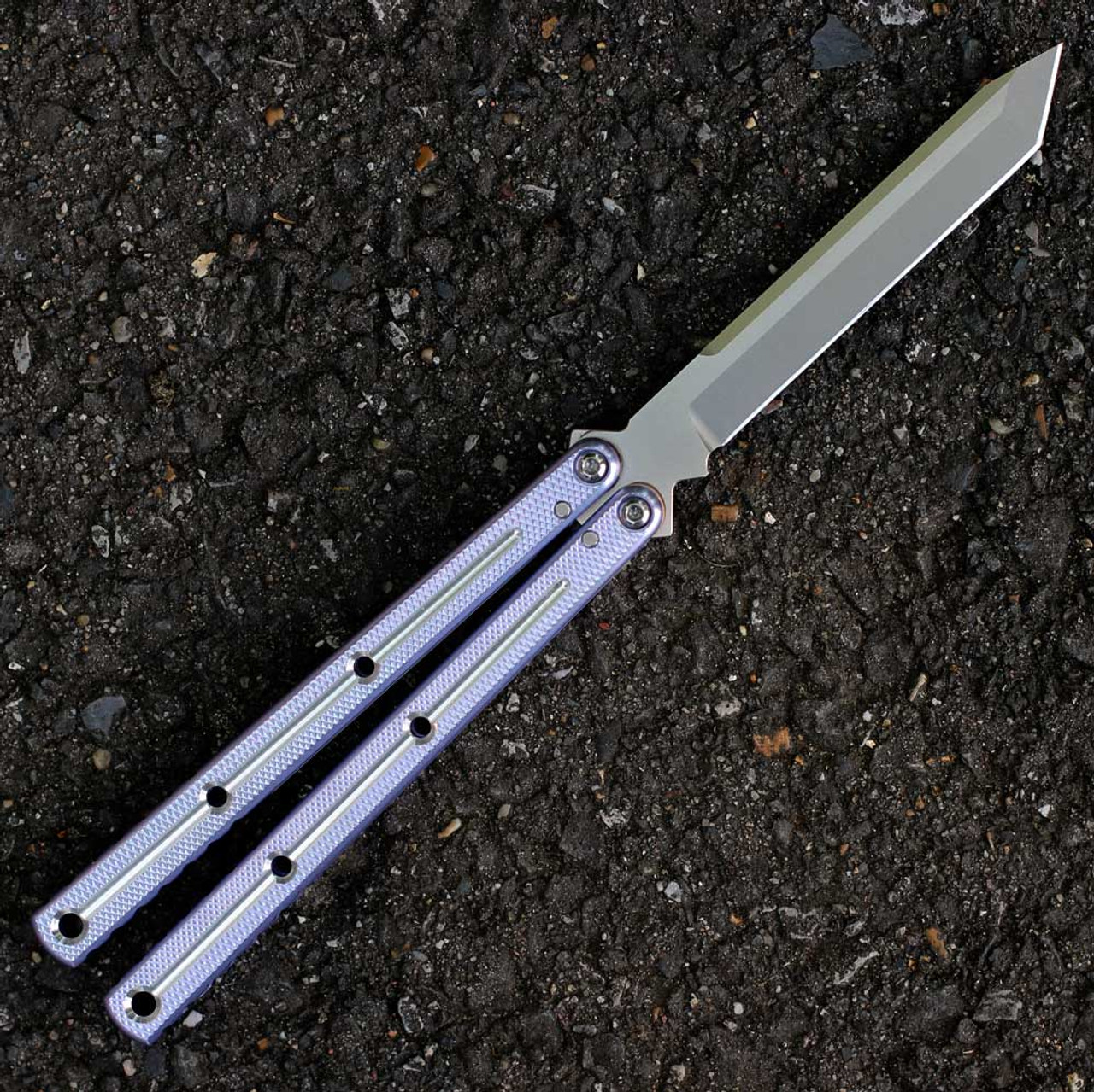 Squid Industries Krake Raken V3 (KrakeRakenV3DTLavMatTan) 4.50" AEB-L Matte Tanto Plain Blade, Dual Tone Silver and Lavender Aluminum Handle