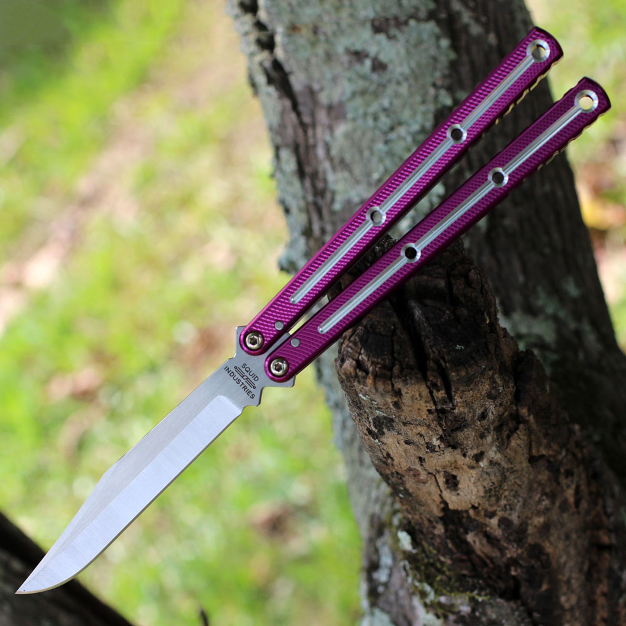 Squid Industries Krake Raken V3 (KrakeRakenV3DTPurBow) 4.50" AEB-L Satin Bowie Plain Blade, Dual Tone Silver and Purple Aluminum Handle