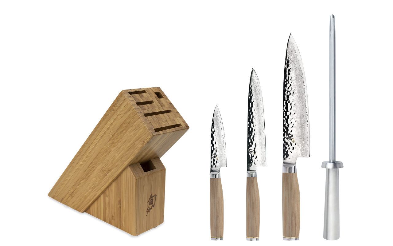 Shun Cutlery Premier Blonde 5PC Block Set (TDMS0540W) - VG-Max Damascus Blades, Contoured Blonde Pakkawood Wood Handles, Bamboo Block