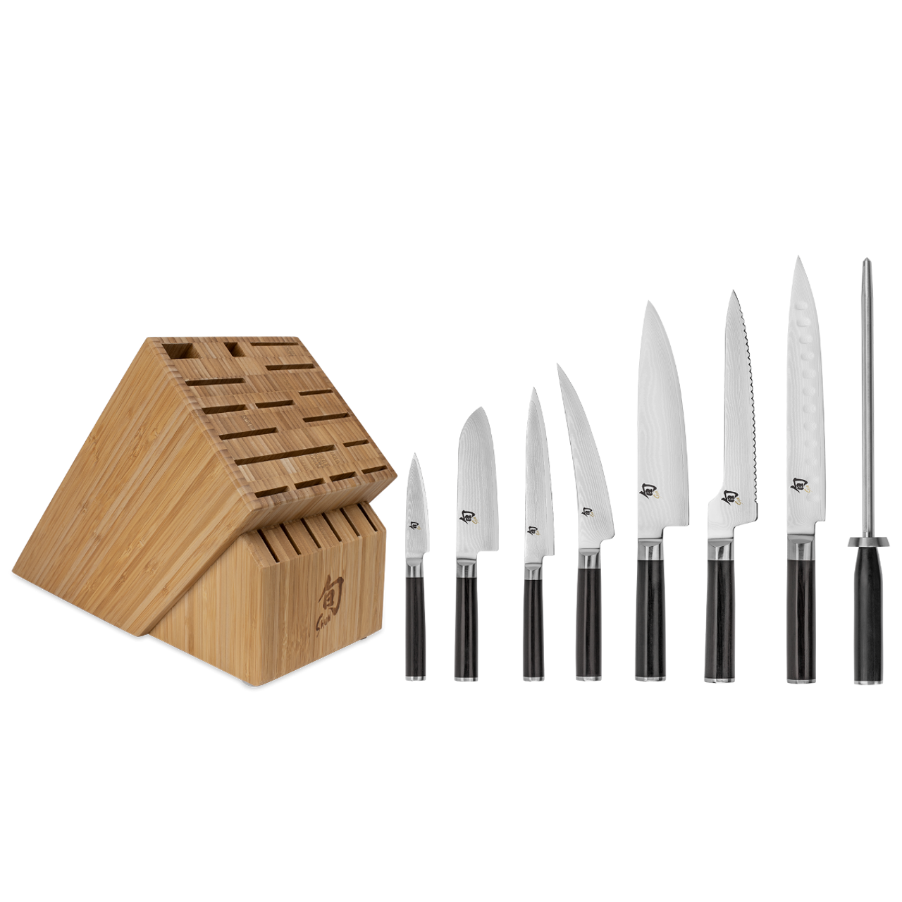 Shun Cutlery Classic 9PC Chef's Choice Block Set (DMS0934)  VG-Max Damascus Blades, D-Shaped Ebony Finished Pakkawood Handles, Bamboo Block