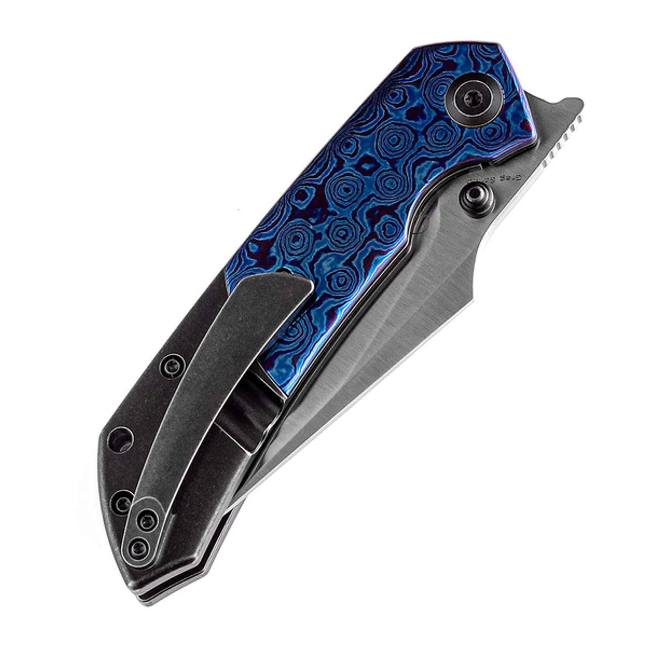 Kansept Fenrir (K1034A7) 3.5" CPM-S35VN Satin Drop Point Plain Blade, Black Stonewash Titanium and Blue Timascus Handle