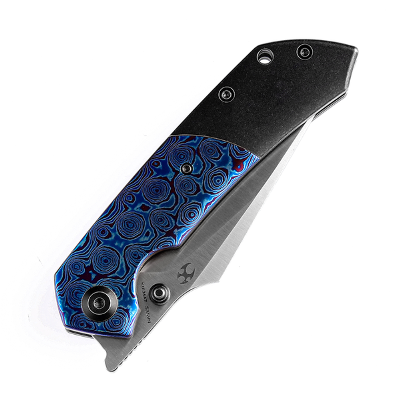 Kansept Fenrir (K1034A7) 3.48" CPM-S35VN Satin Drop Point Plain Blade, Blackwashed Titanium Handle w/ Blue Timascus Inlay
